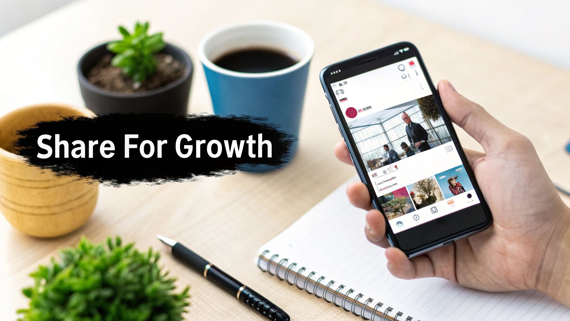 Smartphone displaying social media content, 'Share For Growth' text, and office items on a wooden desk.