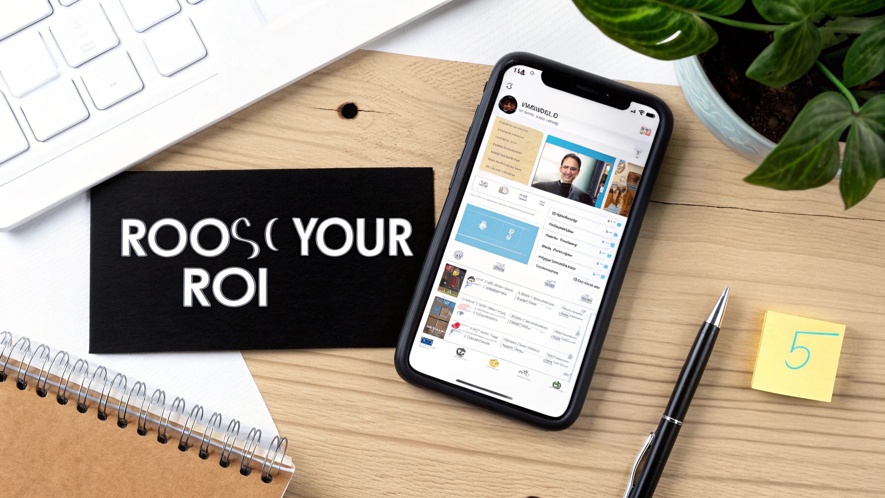 Overhead shot of a workspace with a phone displaying a profile, a 'BOOST YOUR ROI' card, laptop, and notebook.