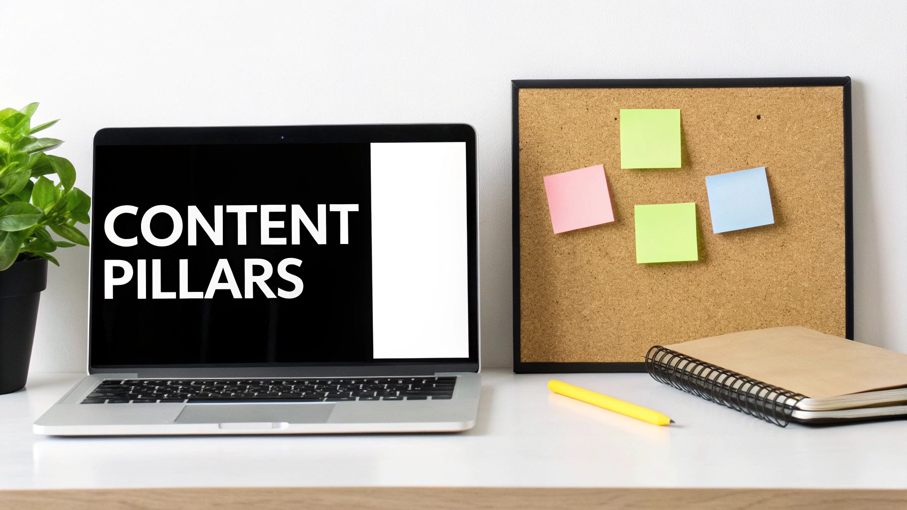 A laptop displaying 'CONTENT PILLARS' on a white desk with a cork board and sticky notes.