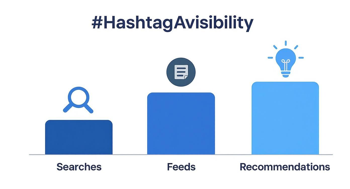 Bar chart illustrating hashtag visibility, showing recommendations higher than feeds and searches.