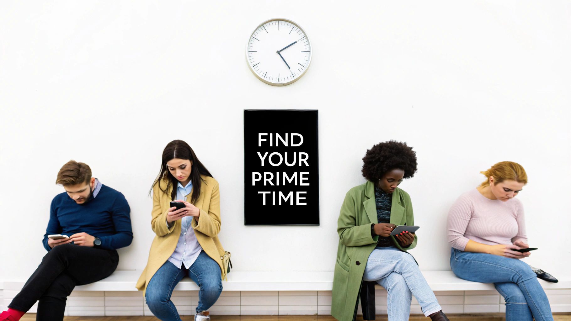 Four diverse individuals focused on their phones, sitting below a 'FIND YOUR PRIME TIME' sign and a wall clock.