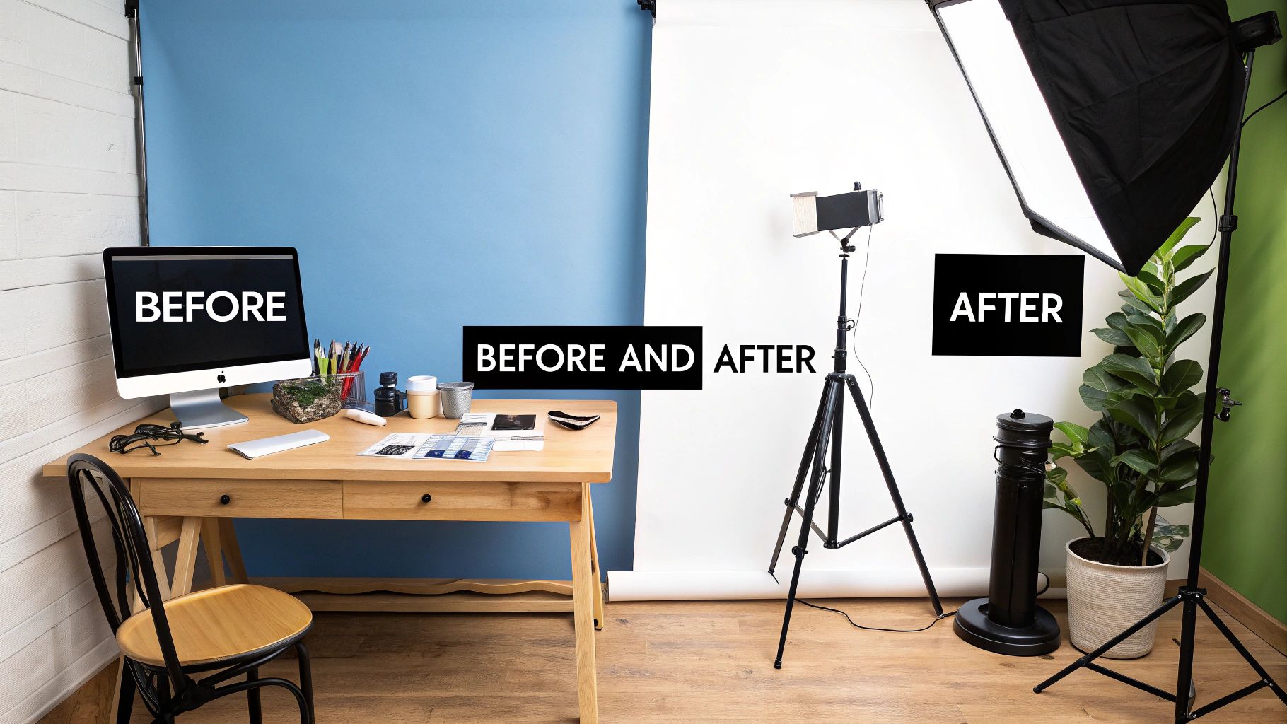 A professional photography studio setup with a modern desk, computer, and lighting equipment for content creation, labeled before and after.