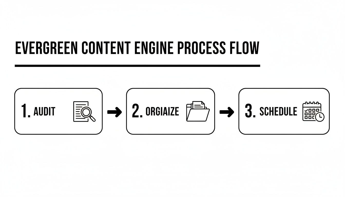 Evergreen content engine process flow showing audit, organize, and schedule steps for content management.