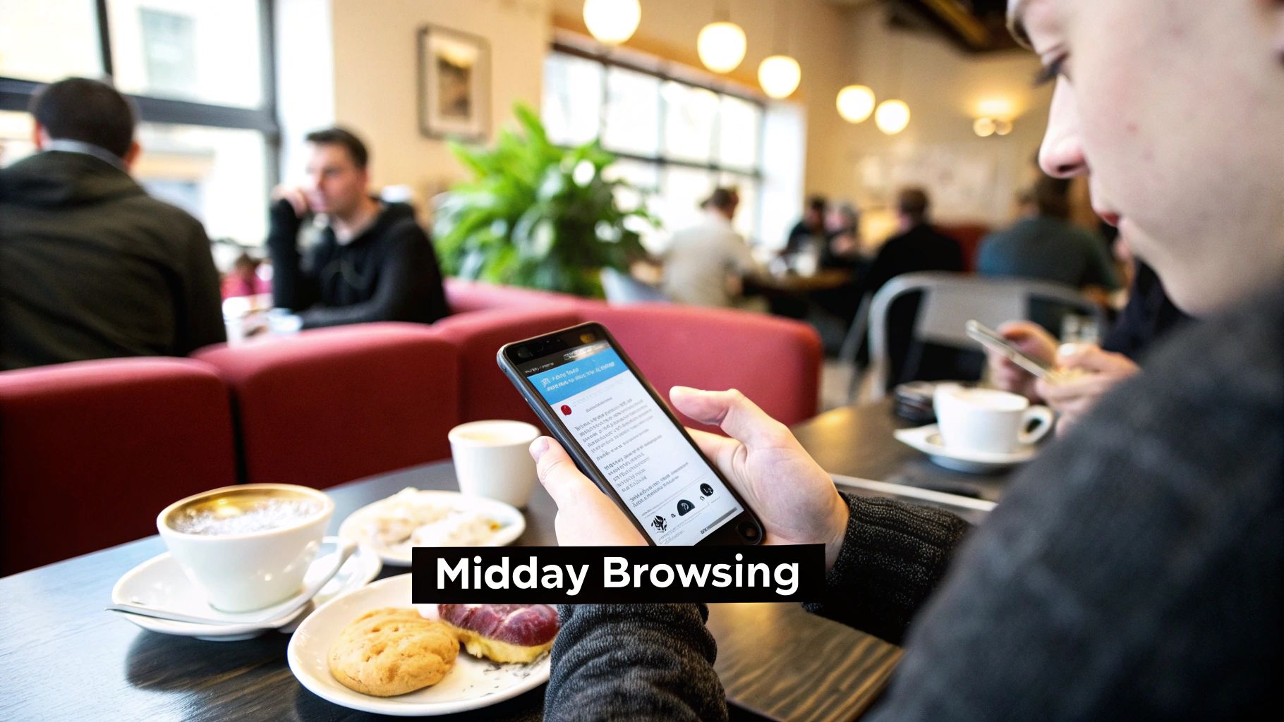 An image showing a person scrolling on their phone during a lunch break with a clock set to 12 PM.