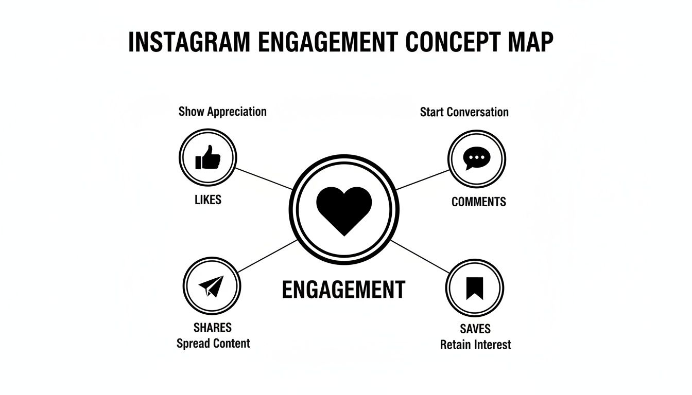 Instagram engagement concept map illustrating likes, comments, shares, and saves as key metrics.
