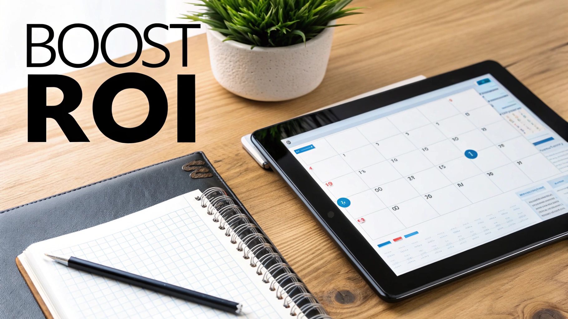 Text 'BOOST ROI' on a desk with a tablet showing a calendar, notebook, and plant.
