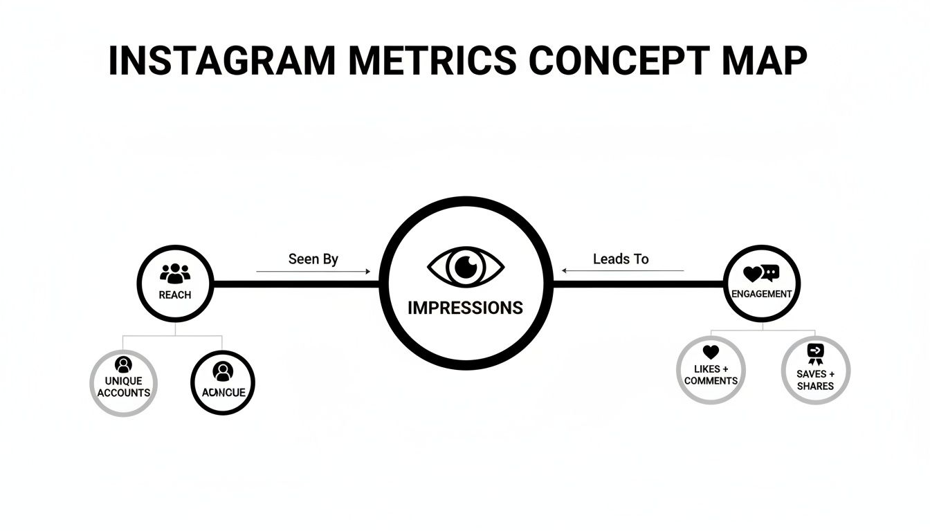 Instagram metrics concept map showing impressions, reach, and engagement with their sub-metrics.