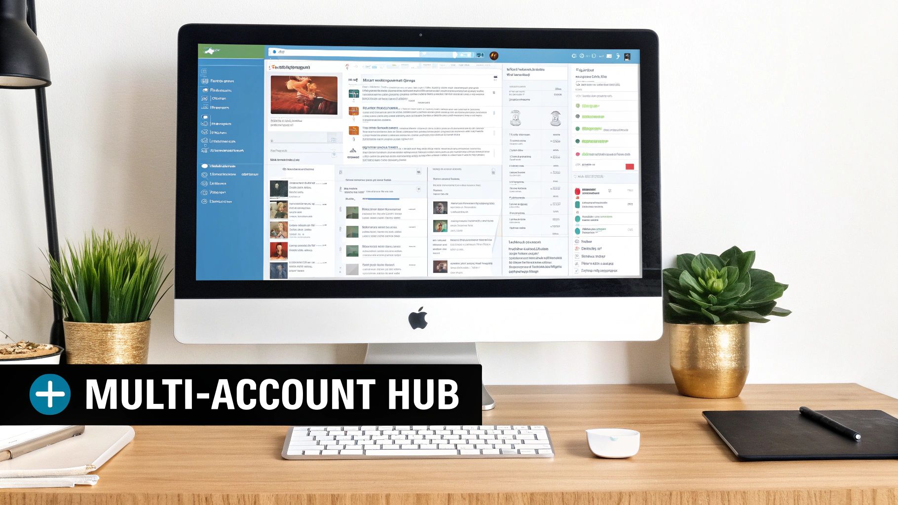 An iMac displays a multi-account social media dashboard on a modern wooden desk with plants and a keyboard.