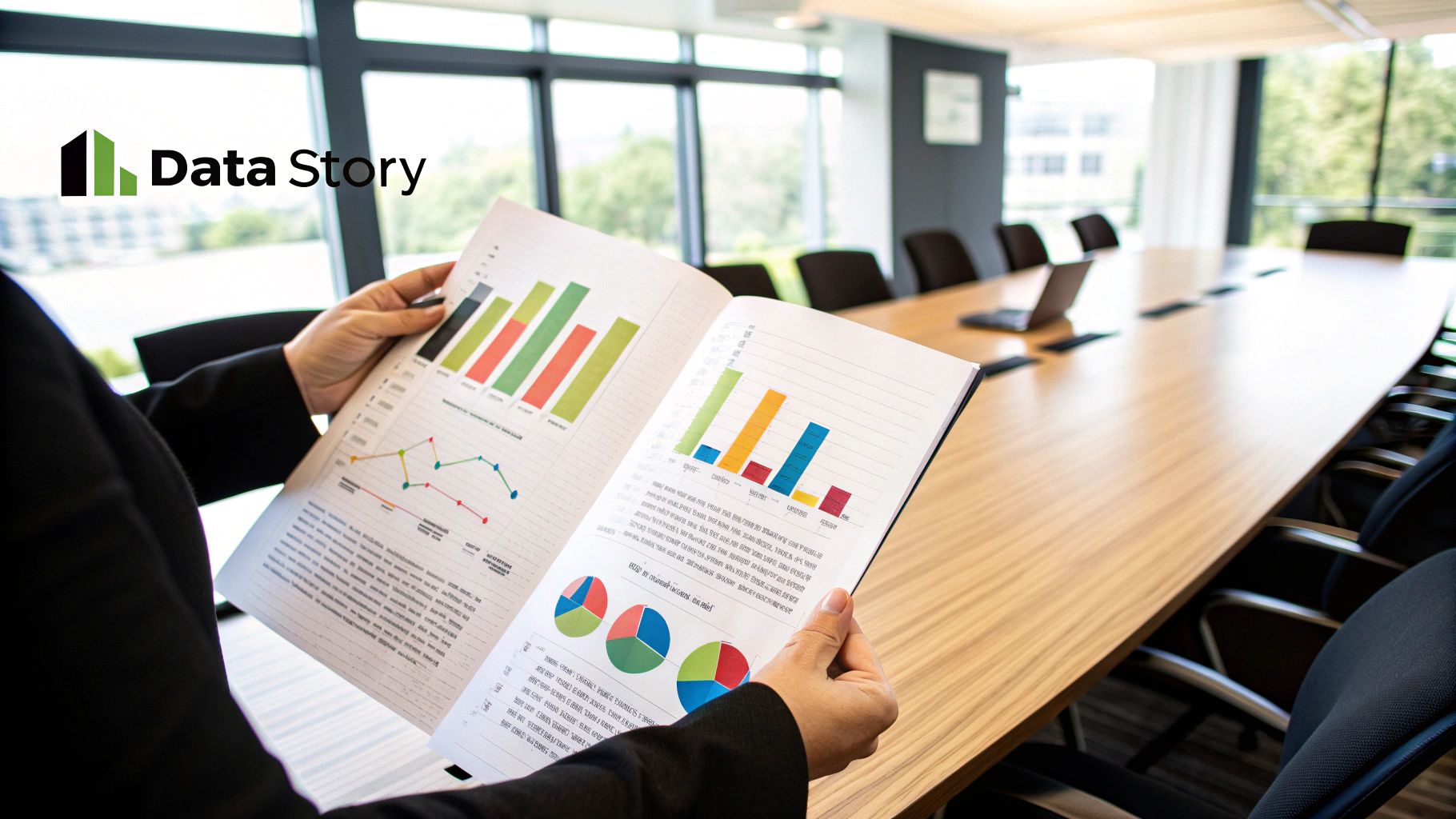 A person presenting a social media report with charts and graphs to a group of colleagues in a modern office.
