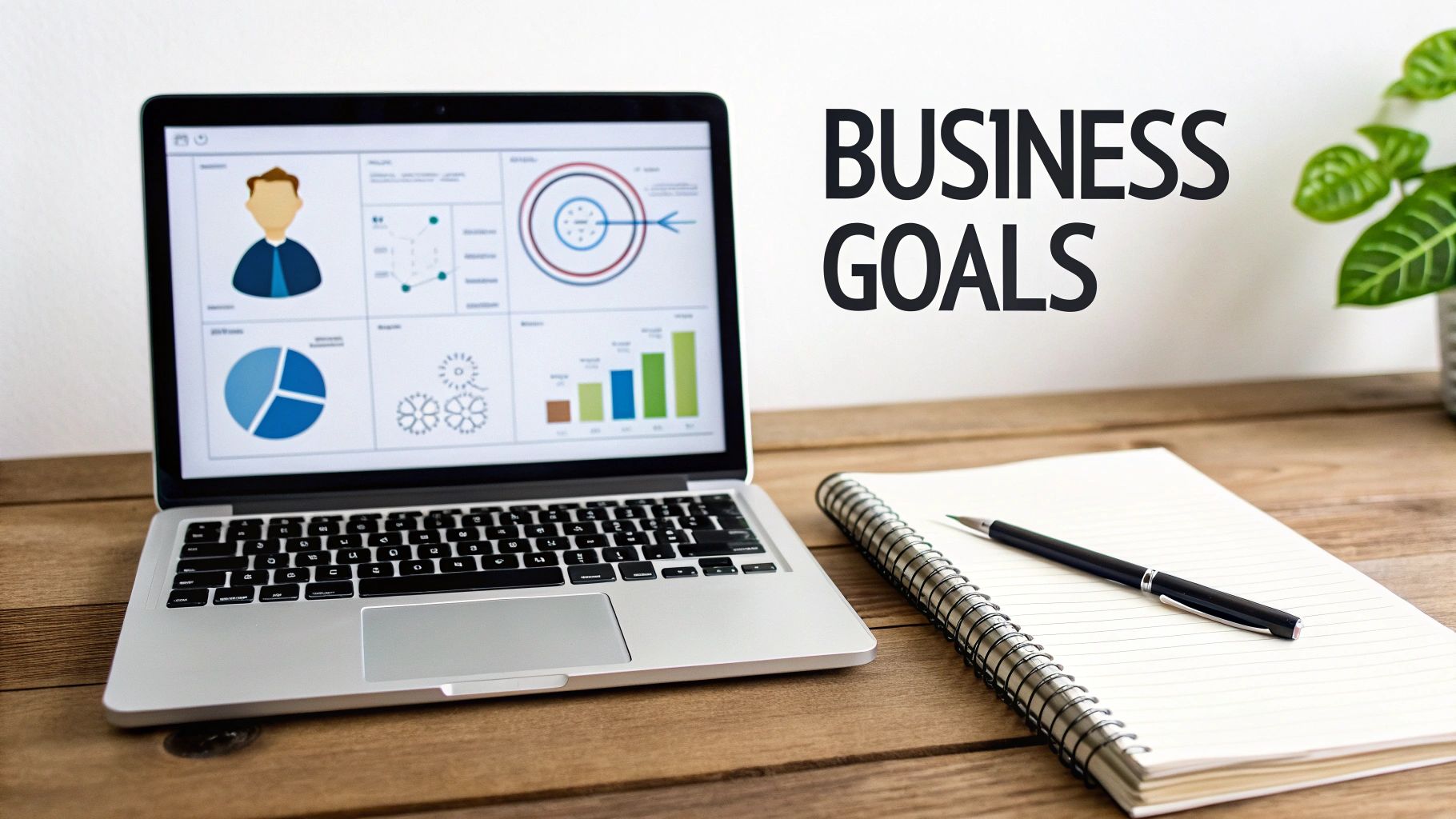 A laptop displaying business analytics charts and a notebook with a pen on a wooden desk, next to 'BUSINESS GOALS' text.