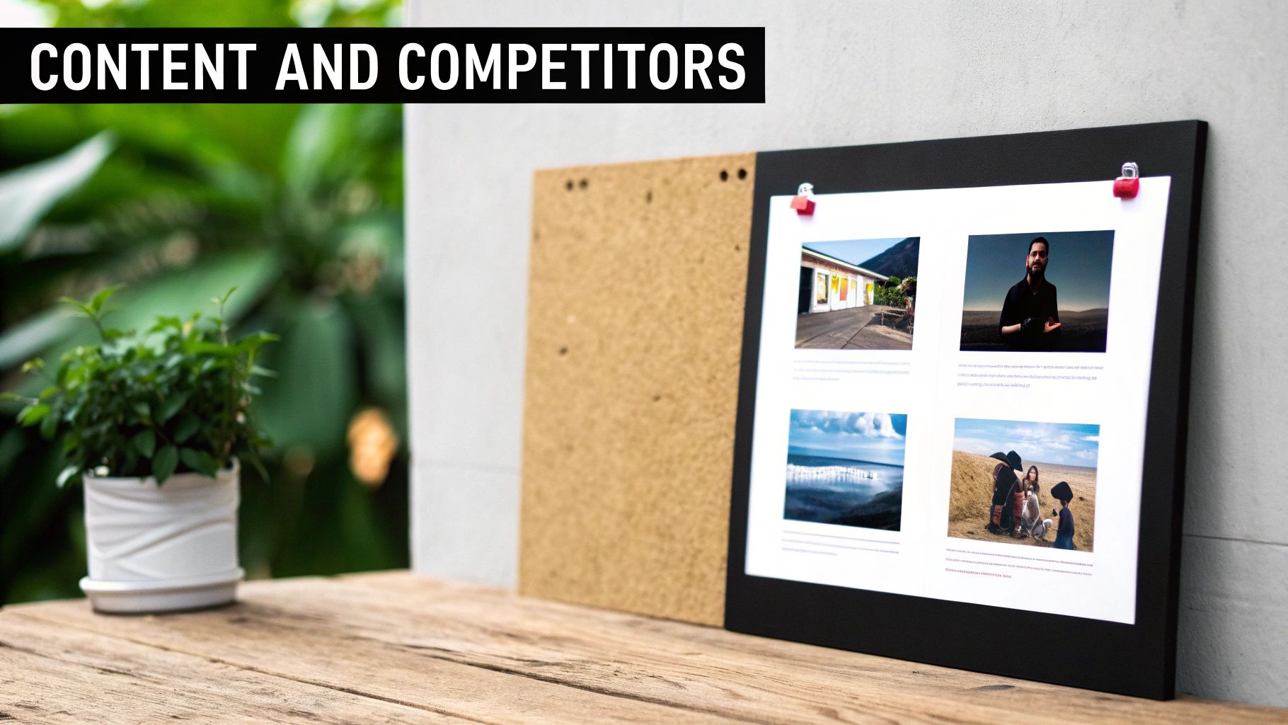 A black frame displaying content like photos and text, next to a cork board and a potted plant, under a banner saying 'CONTENT AND COMPETITORS'.