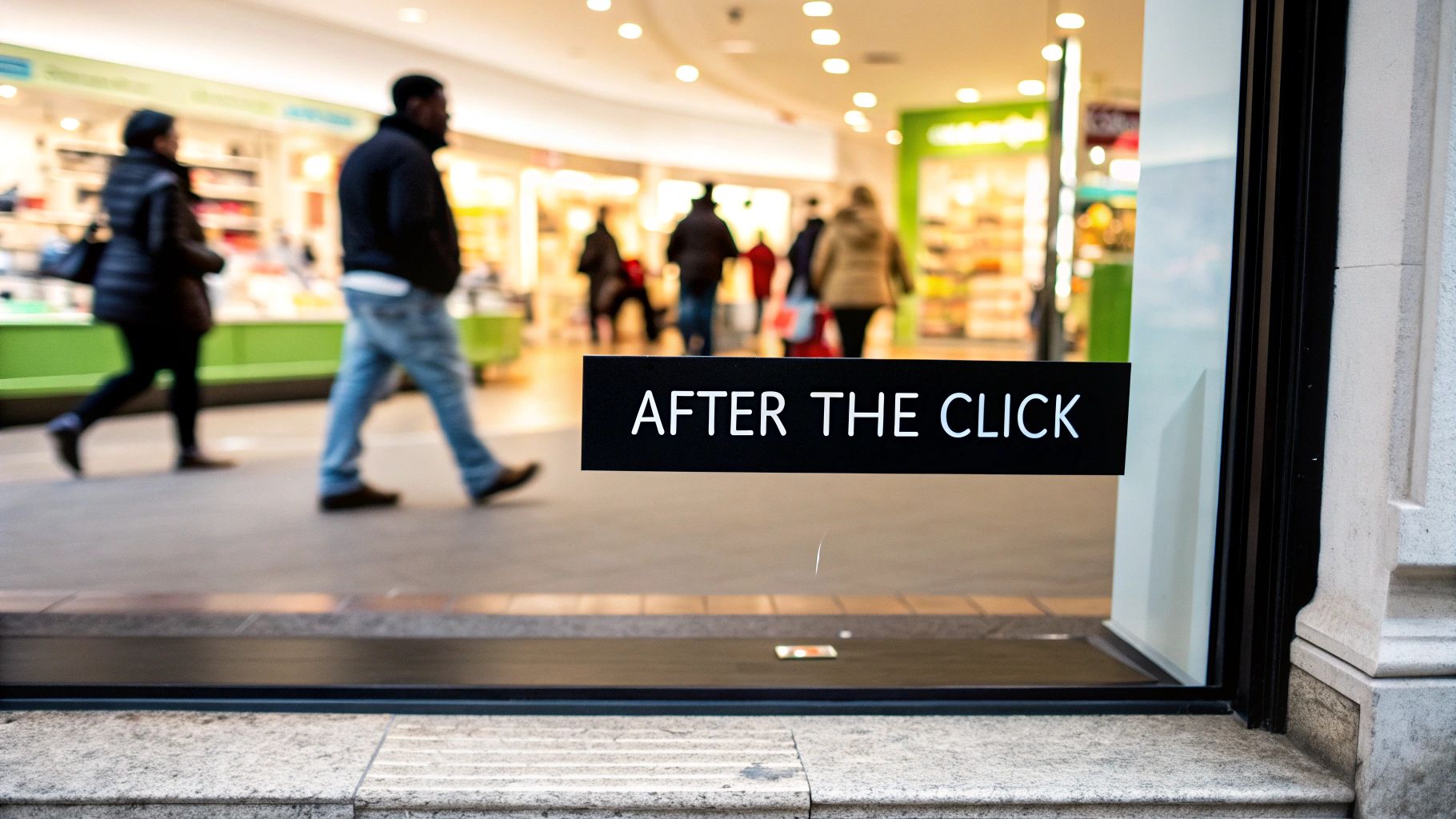 A black sign reading 'AFTER THE CLICK' on a storefront window, with blurred shoppers moving inside a modern mall.