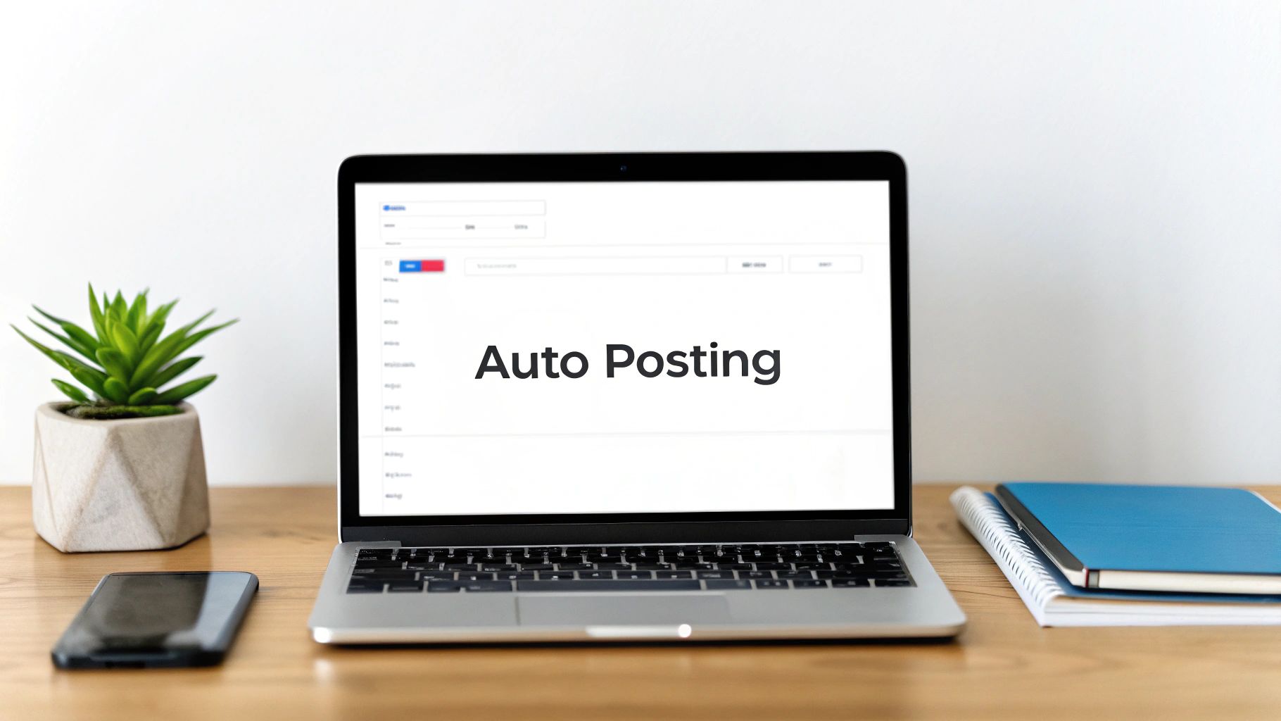 A person using a laptop to schedule posts with EvergreenFeed, with a calendar and content categories visible on the screen.
