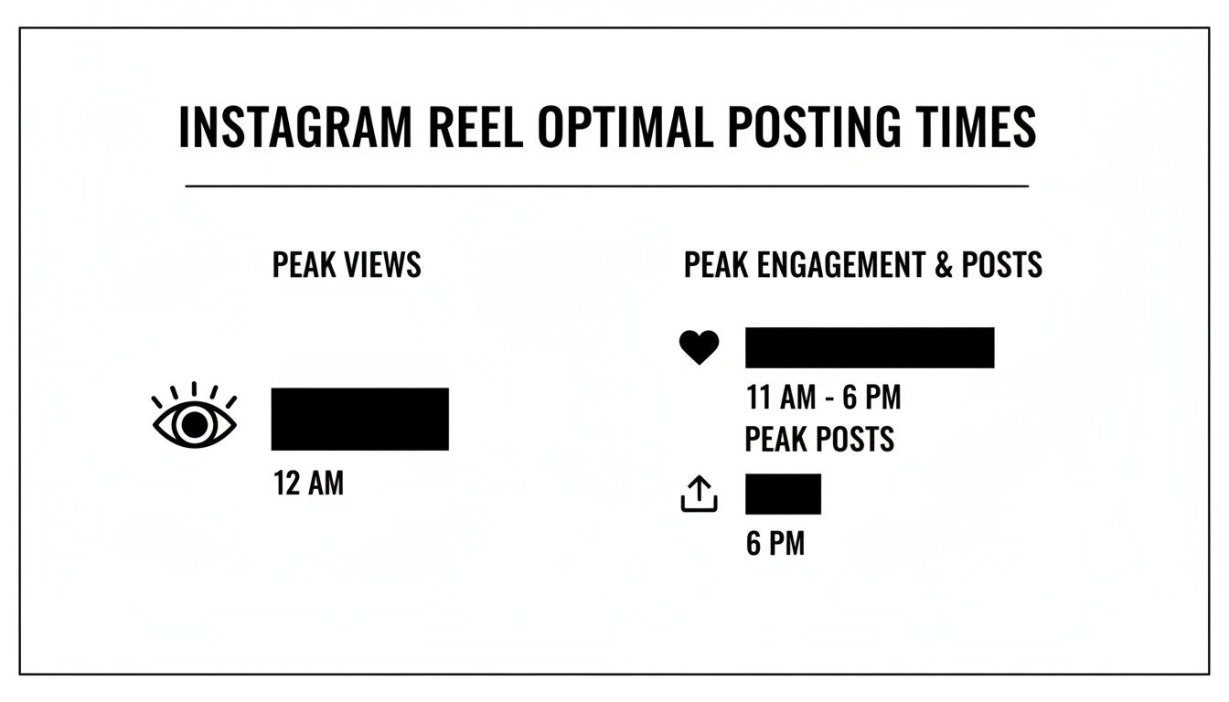 A visual guide displaying optimal Instagram Reel posting times for peak views, engagement, and posts.