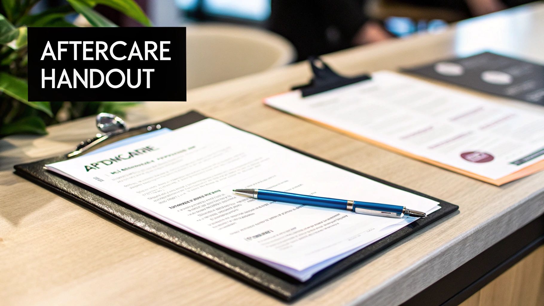 A document titled 'Aftercare Handout' on a clipboard with a blue pen on a wooden desk.