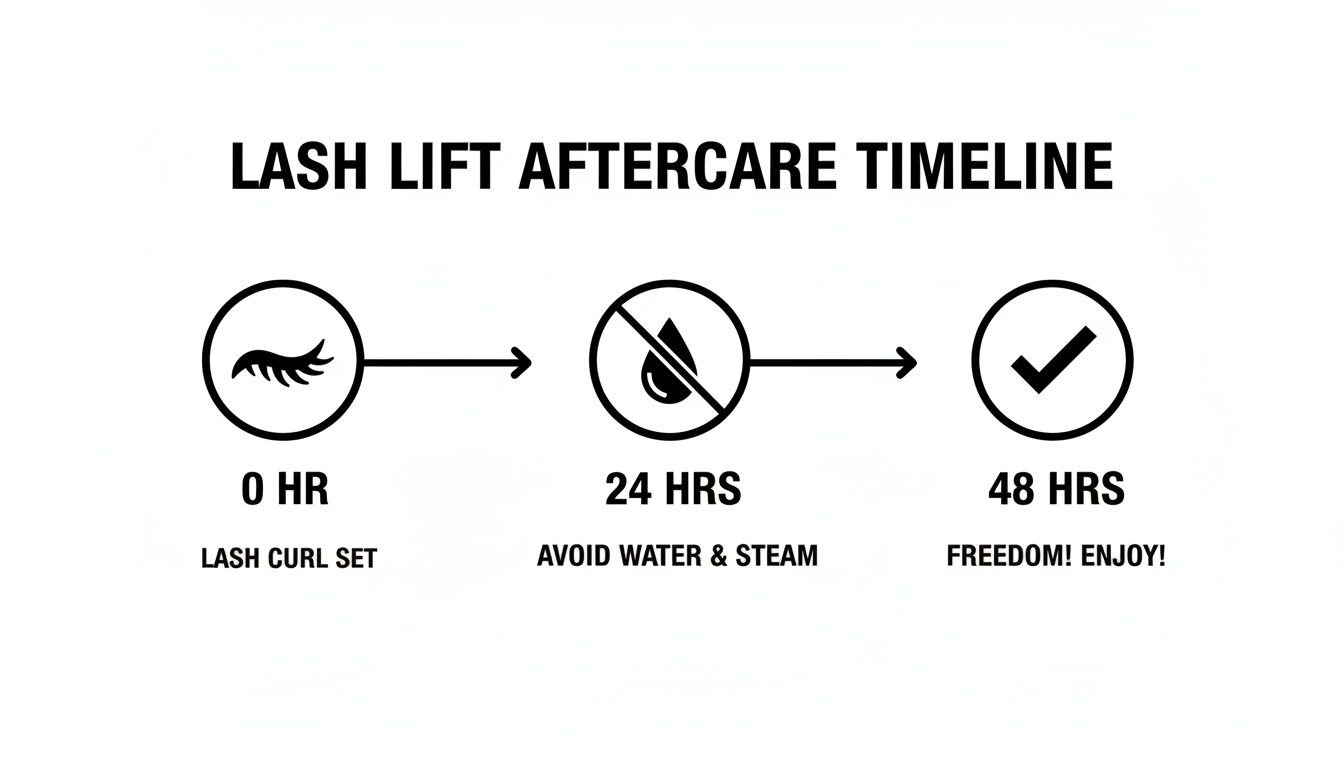 A lash lift aftercare timeline visually guiding through post-treatment instructions for 0, 24, and 48 hours.