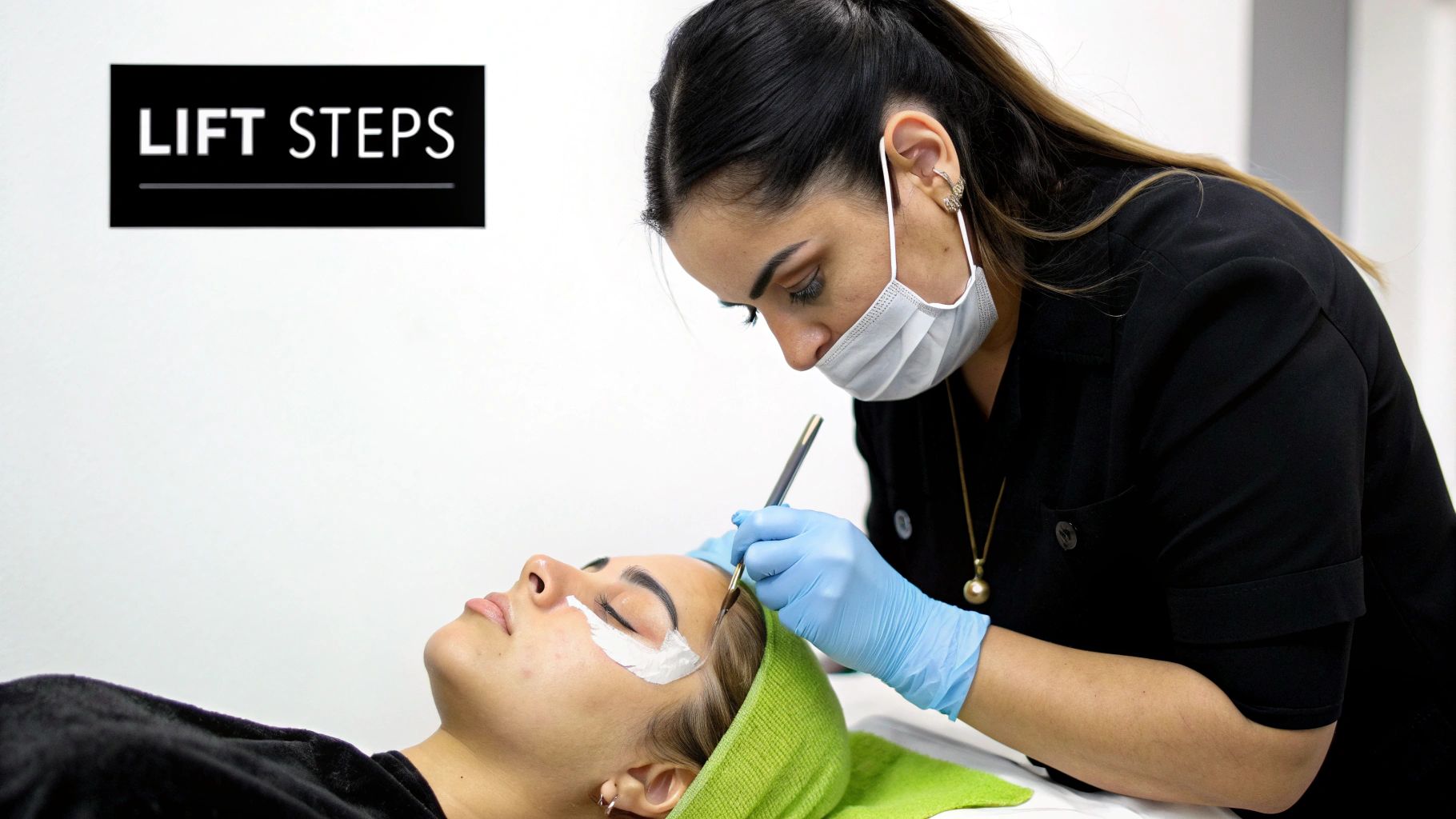 A masked esthetician applies a cosmetic product to a client's eyebrow during a lift treatment.