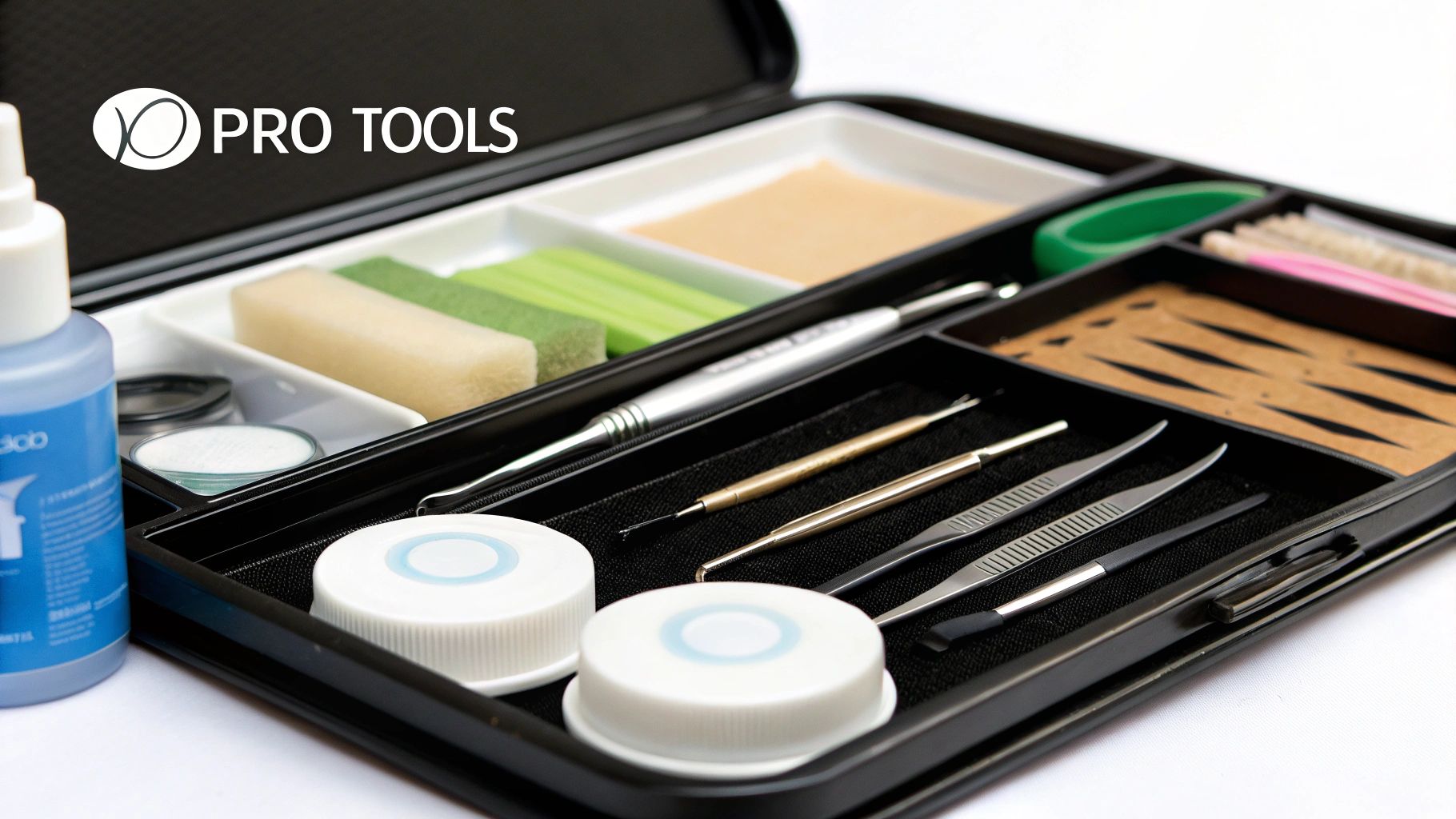 An open 'PRO TOOLS' kit displays professional lash extension tools, sponges, and liquids.