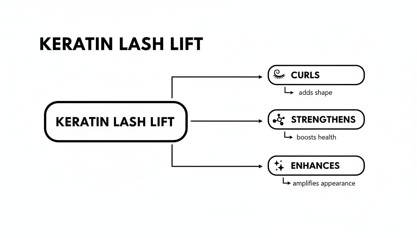 Diagram illustrating the benefits of a Keratin Lash Lift: curls, strengthens, and enhances natural lashes.