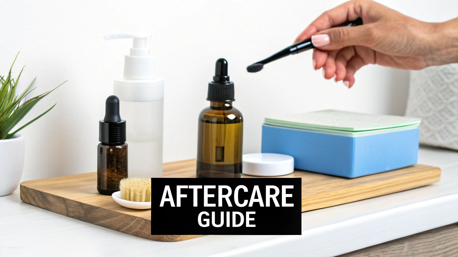A hand holds a small black brush above skincare bottles and items on a wooden tray, with 'AFTERCARE GUIDE' text.