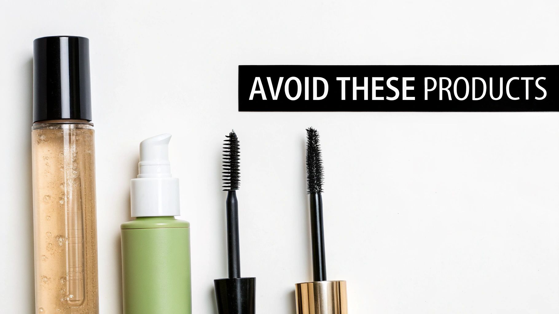 Skincare and makeup products like bottles and mascara wands, with a 'AVOID THESE PRODUCTS' warning.