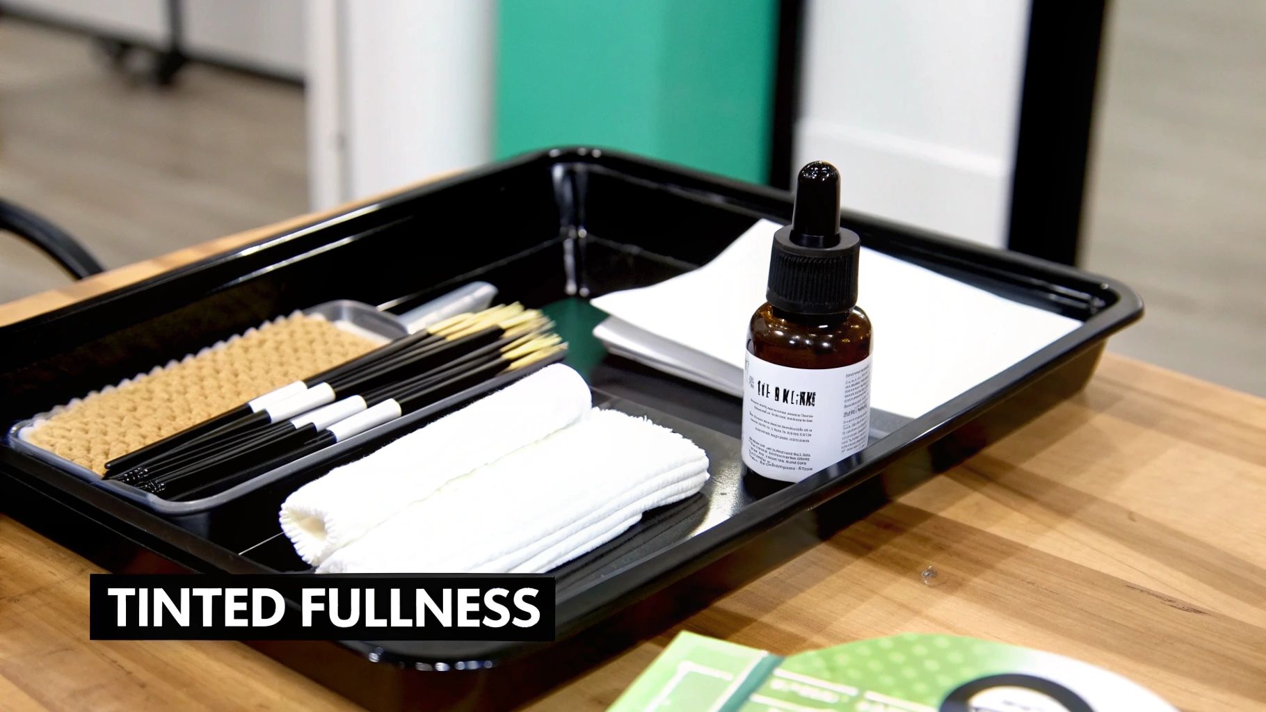 A black tray holds eyebrow tools, brushes, rolled towels, a textured pad, and an amber dropper bottle.