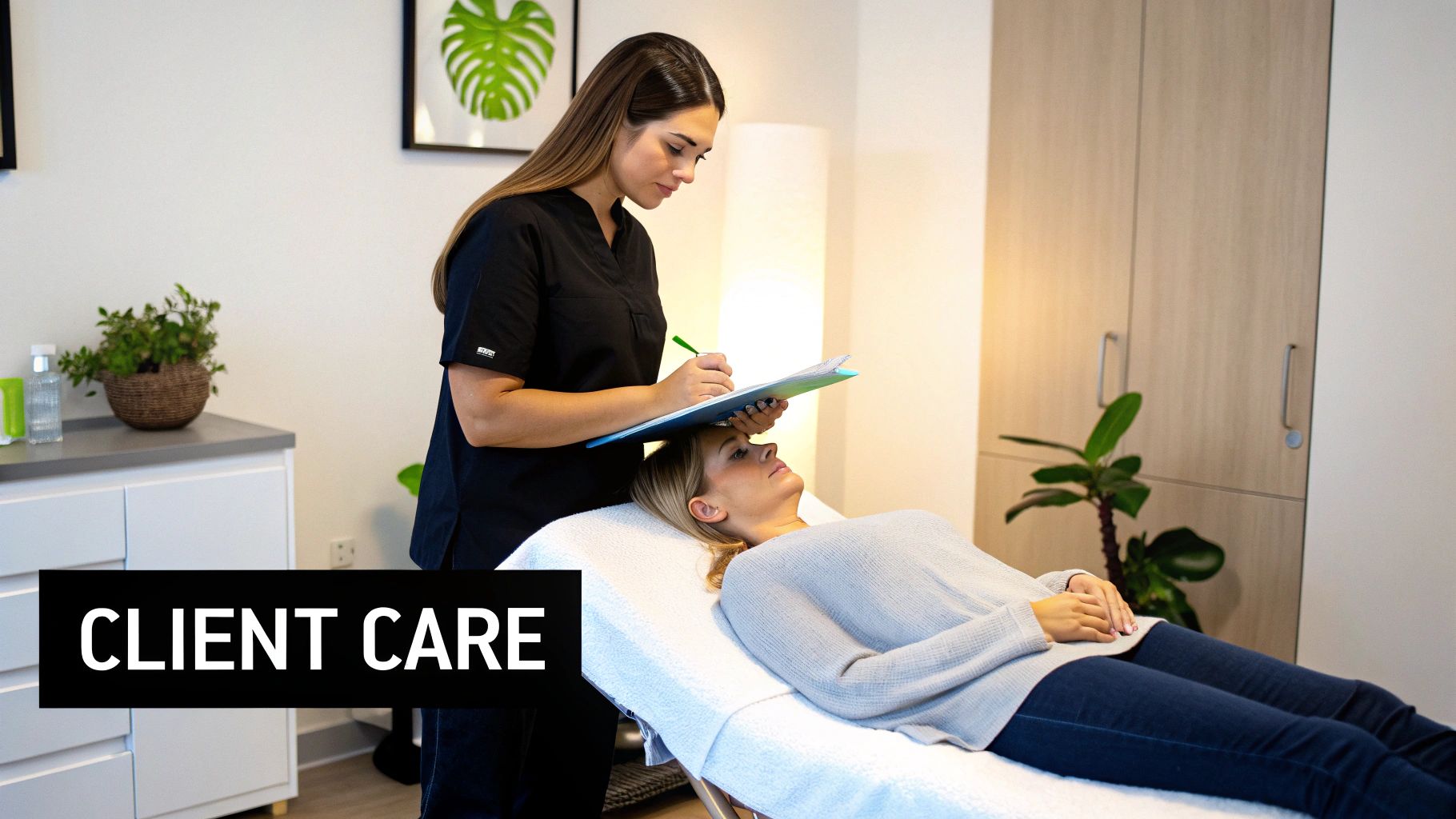 A beauty professional consults with a client lying on a white treatment bed in a clinic.