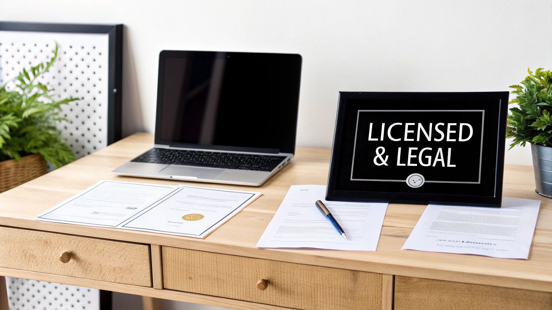 A professional desk setup with a laptop, legal documents, a plant, and a 'LICENSED & LEGAL' sign.