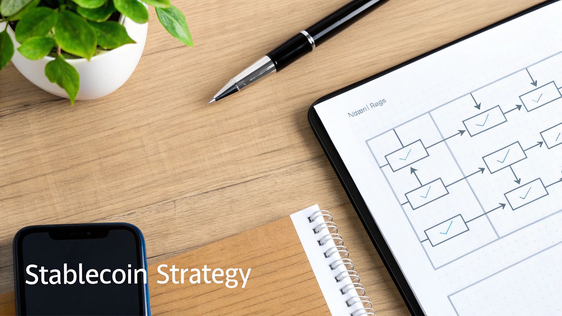Flat lay of a workspace with a phone displaying 'Stablecoin Strategy', a notebook, pen, and plant.