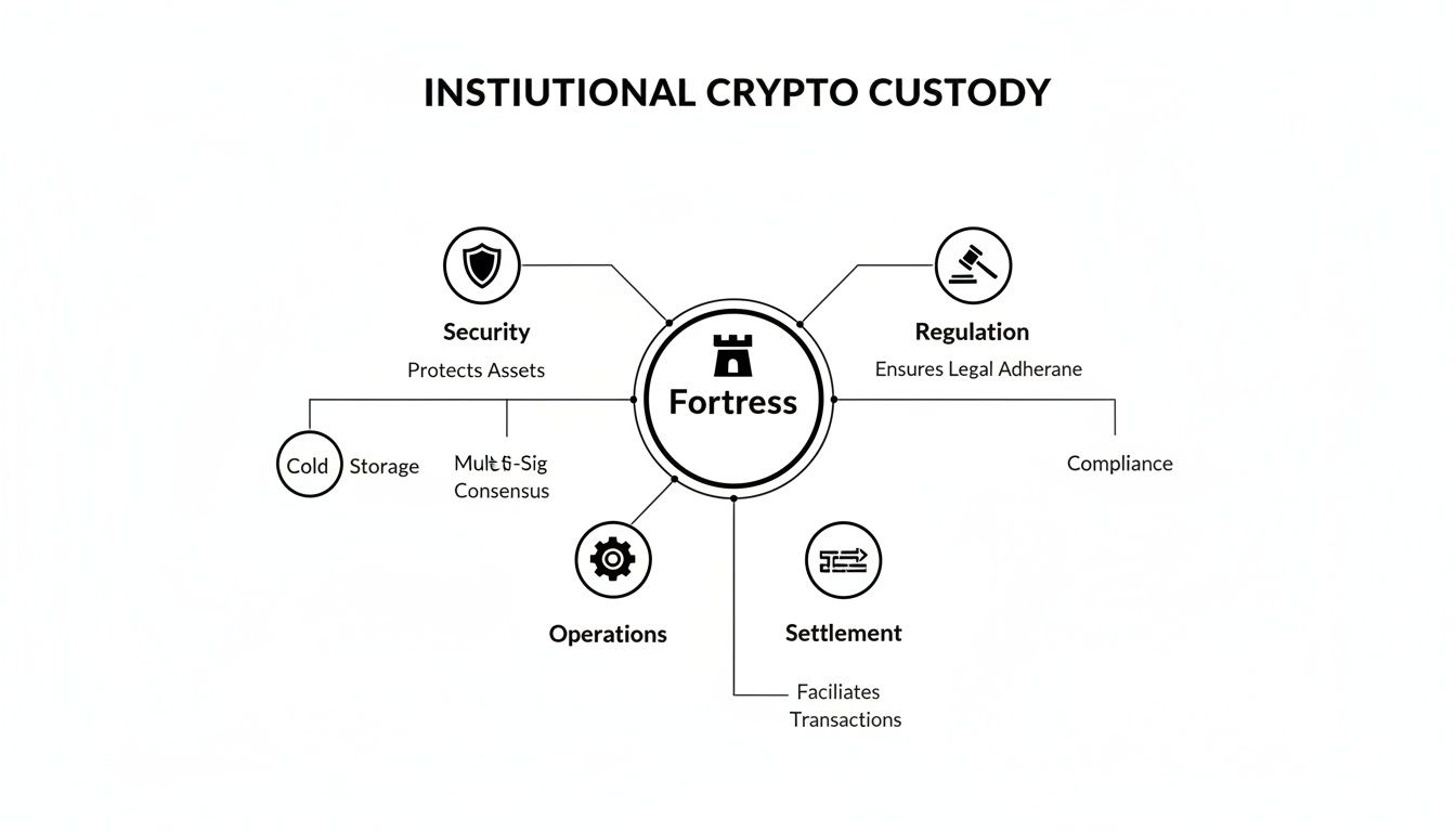 Diagram illustrating institutional crypto custody with a central fortress, detailing security, regulation, settlement, and operations.