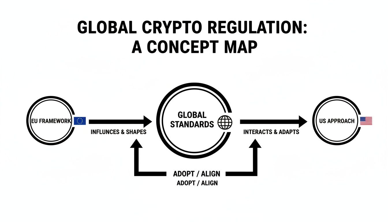 A concept map detailing global crypto regulation, showing how EU and US approaches interact with global standards.