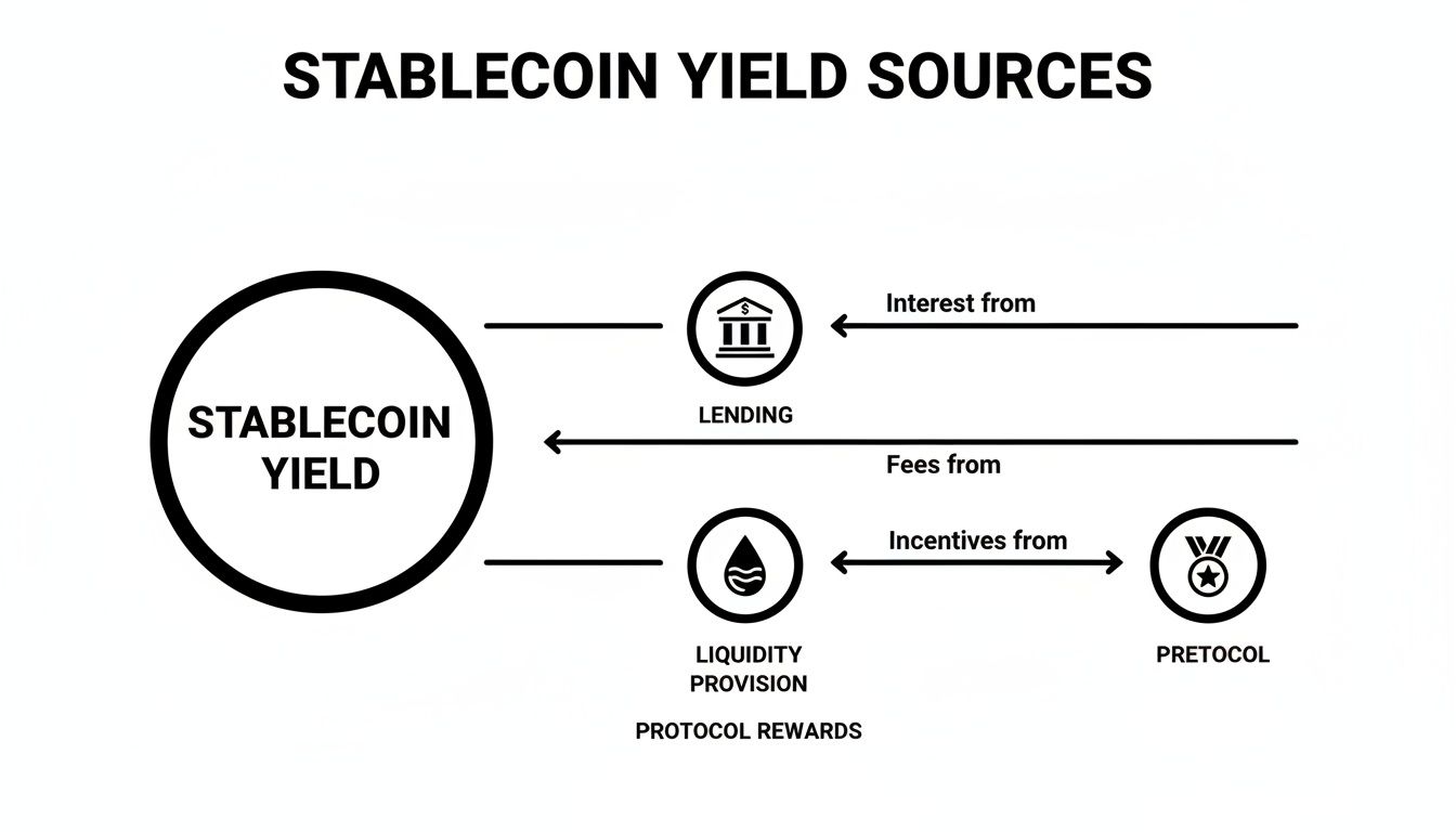 Diagram illustrating stablecoin yield sources, detailing income from lending interest and liquidity provision fees and incentives.