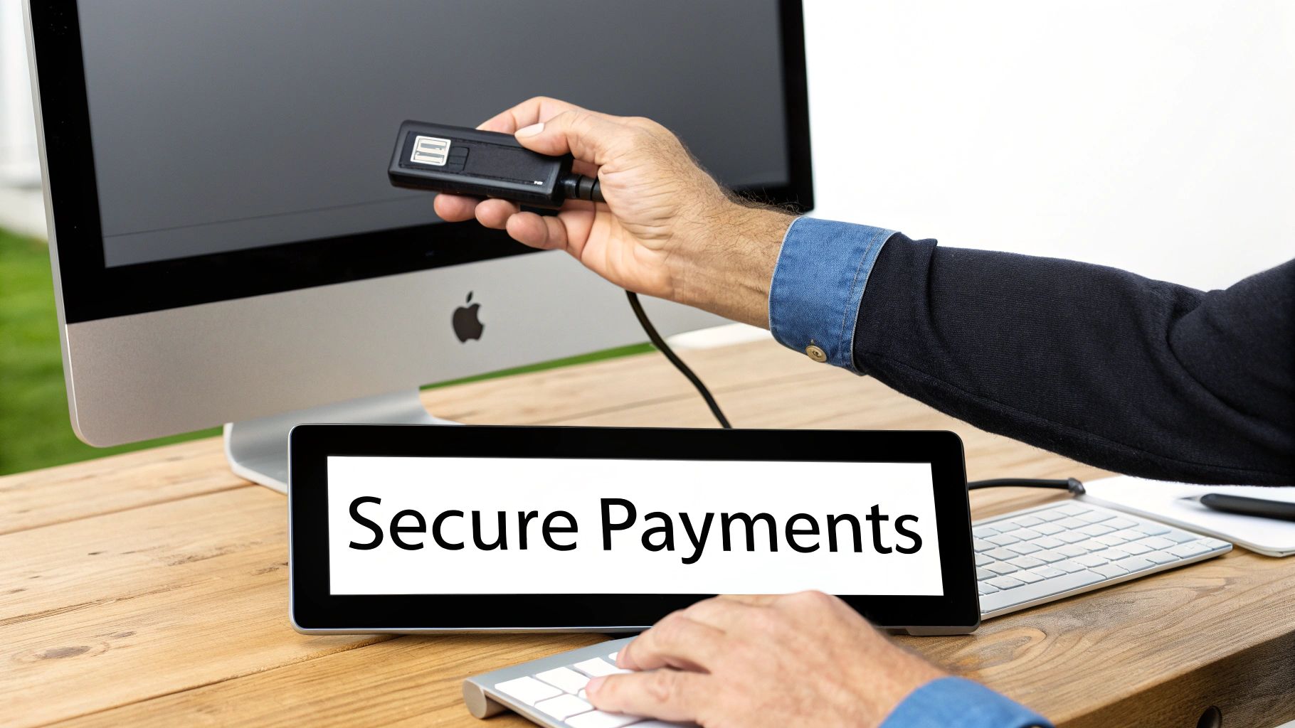 A person's hand holding a fingerprint scanner near an Apple iMac, with a tablet showing "Secure Payments" on a wooden desk.
