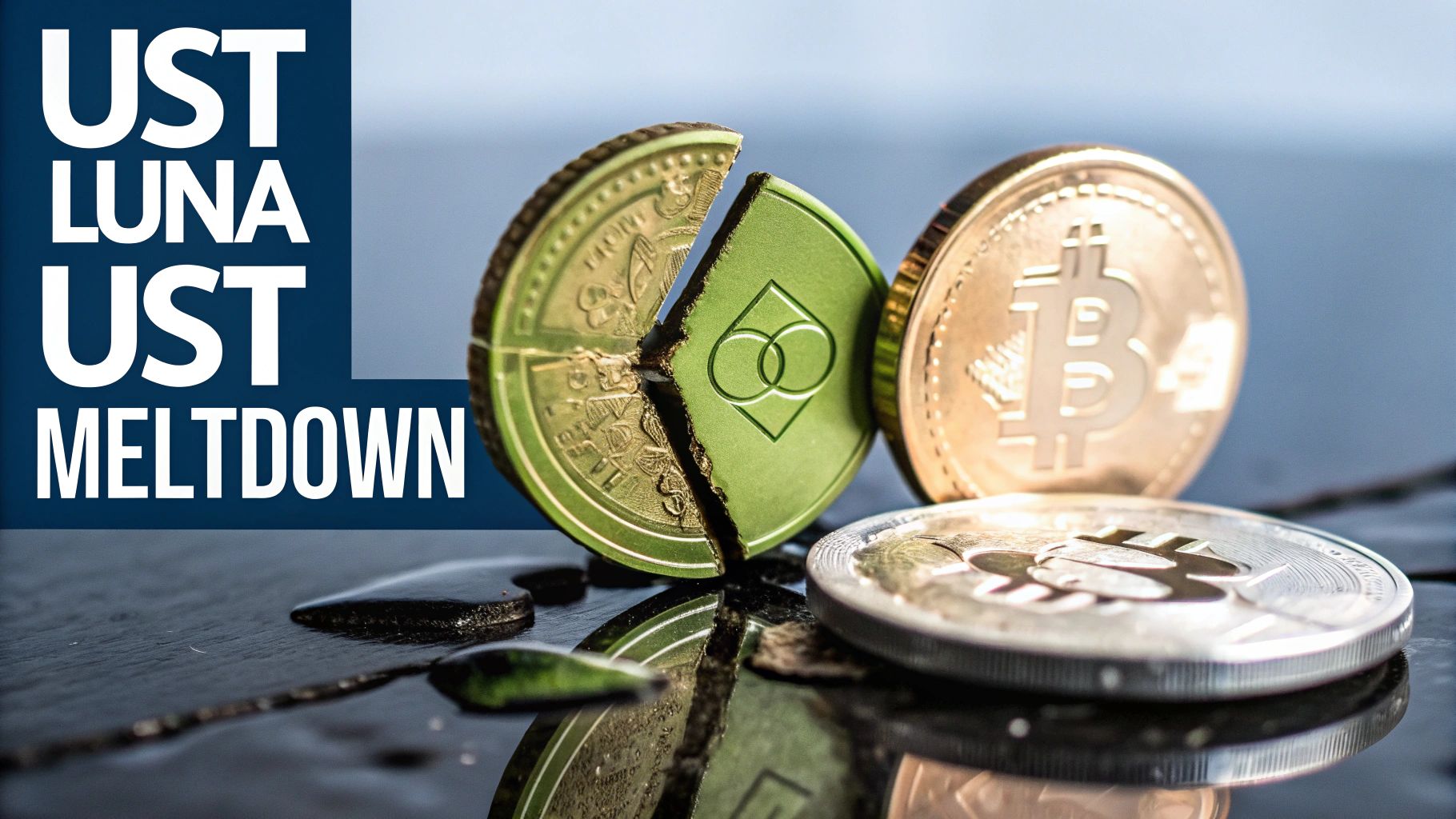 Broken Terra Luna coin and Bitcoin amidst a crypto market meltdown, with text 'UST LUNA UST MELTDOWN'.