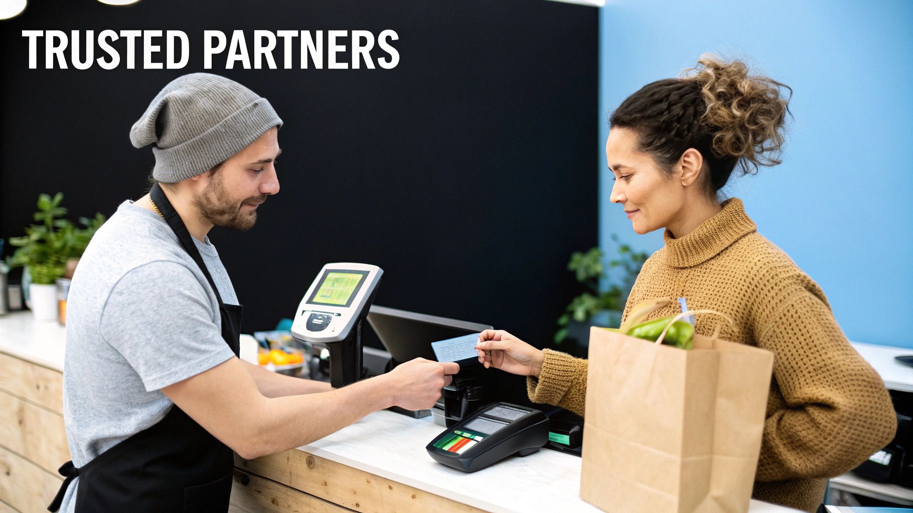 Customer making contactless payment with card at modern retail store checkout counter