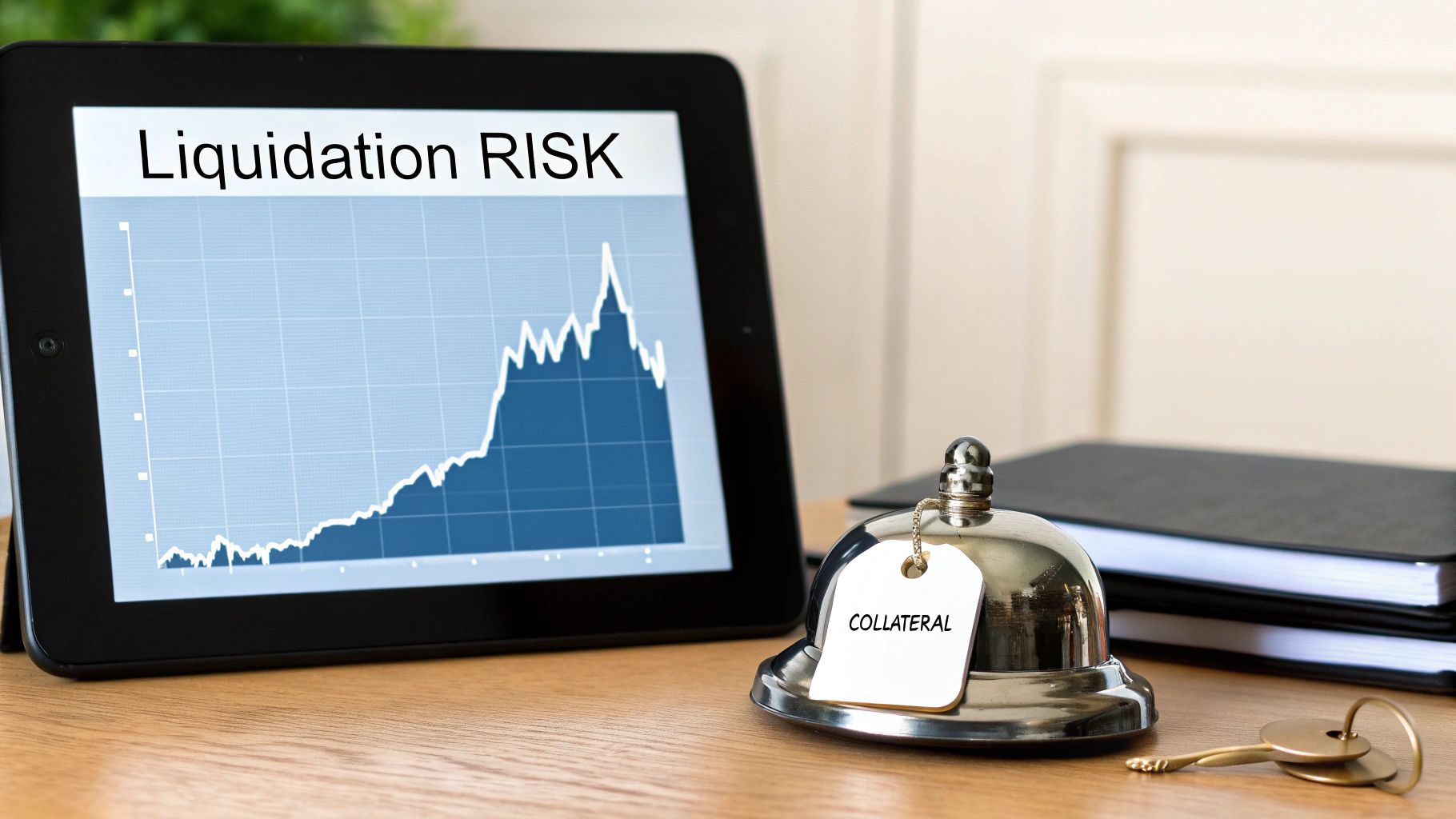 A tablet displays a 'Liquidation RISK' graph, next to a service bell with a 'COLLATERAL' tag and keys.
