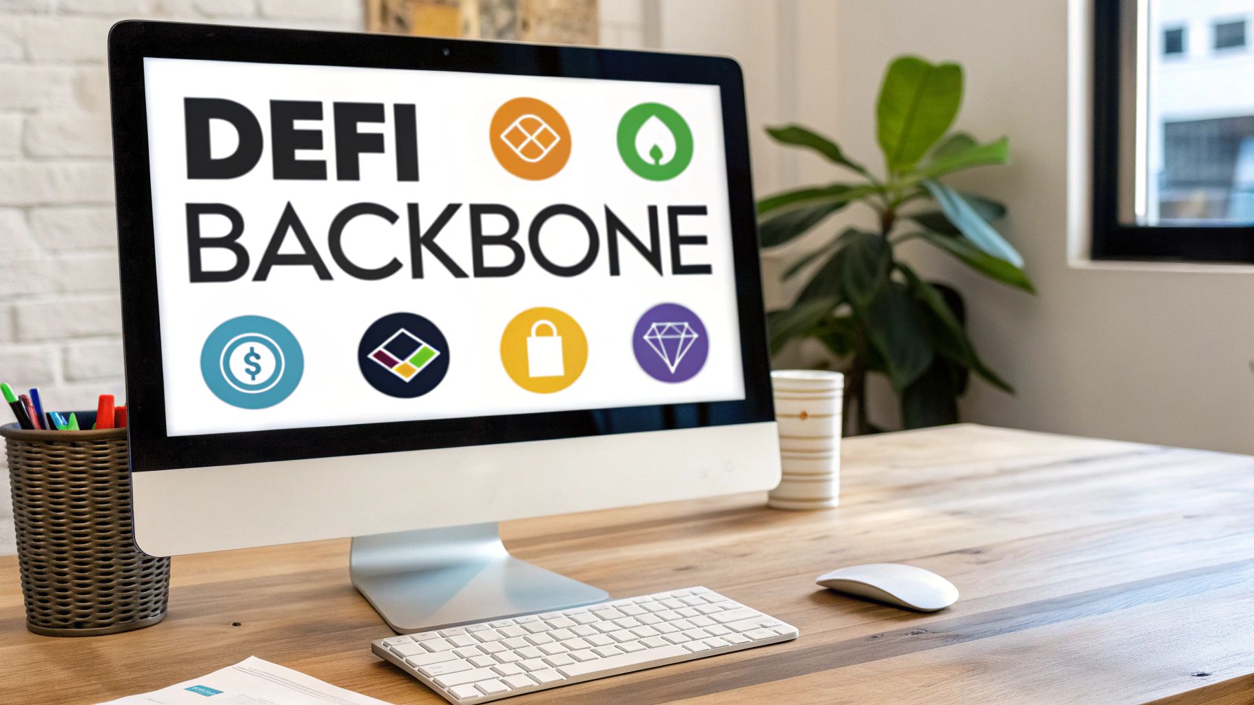 A computer monitor shows 'DEFI BACKBONE' text and icons representing various decentralized finance concepts.