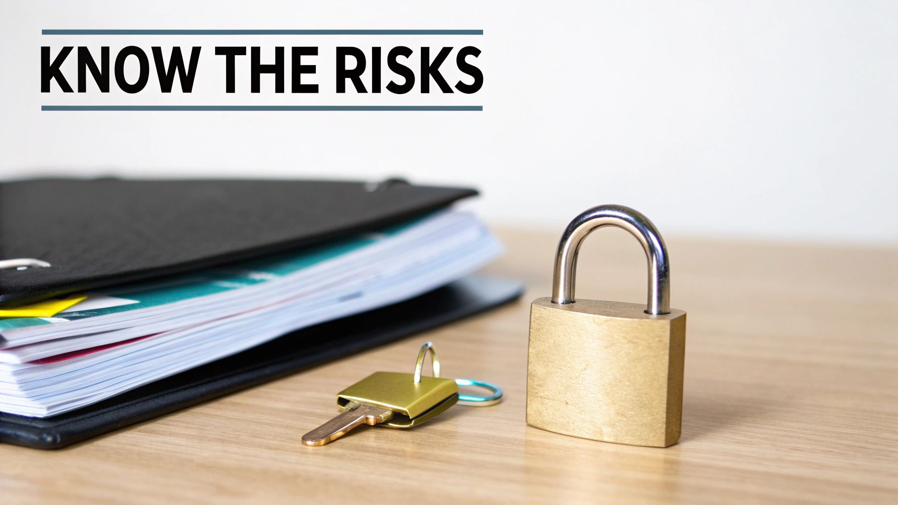 A stack of documents in a folder, a padlock with a key, and text 'KNOW THE RISKS' on a desk.