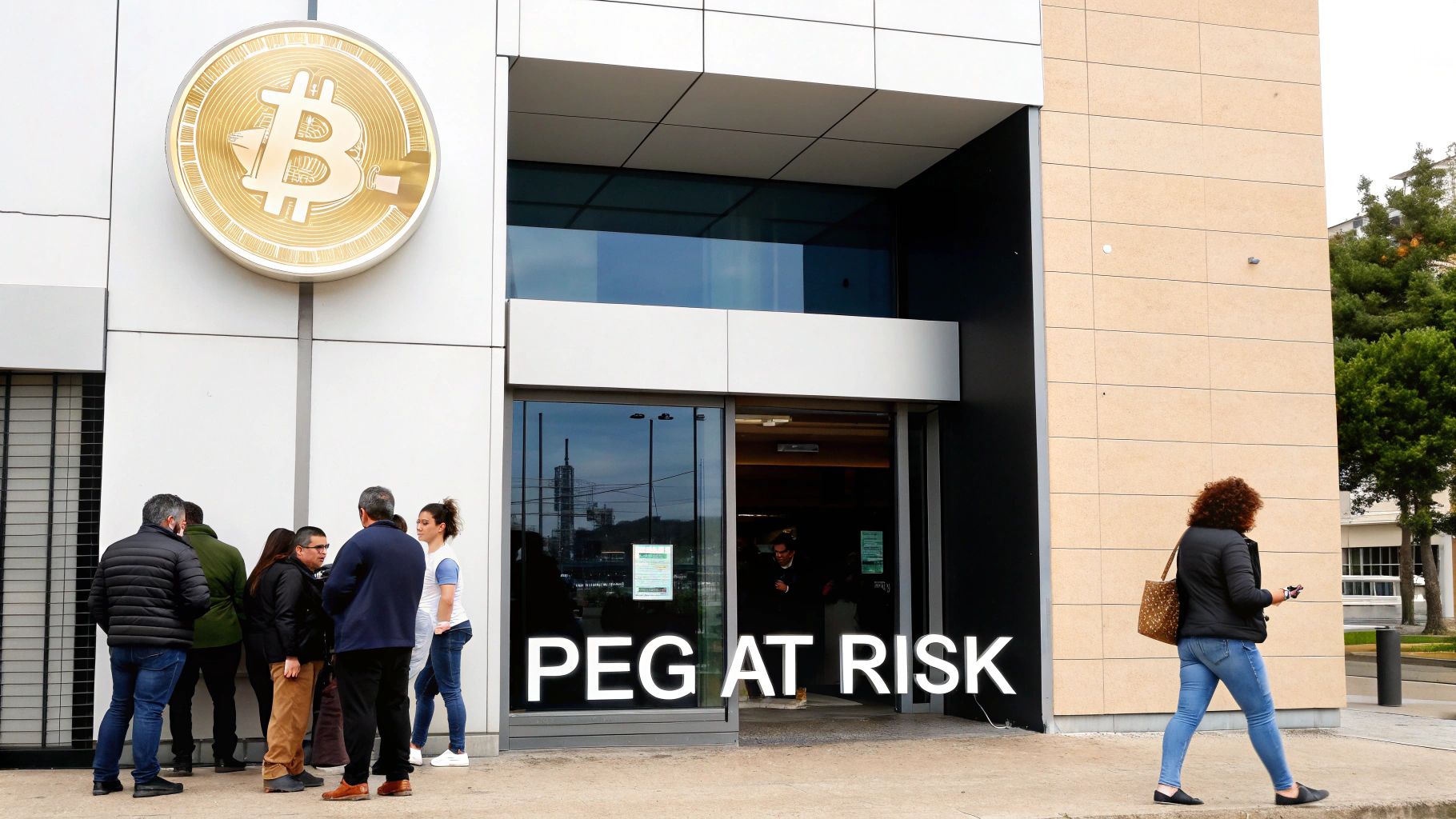 A building with a golden Bitcoin logo, people outside, and 'PEG AT RISK' on the door.