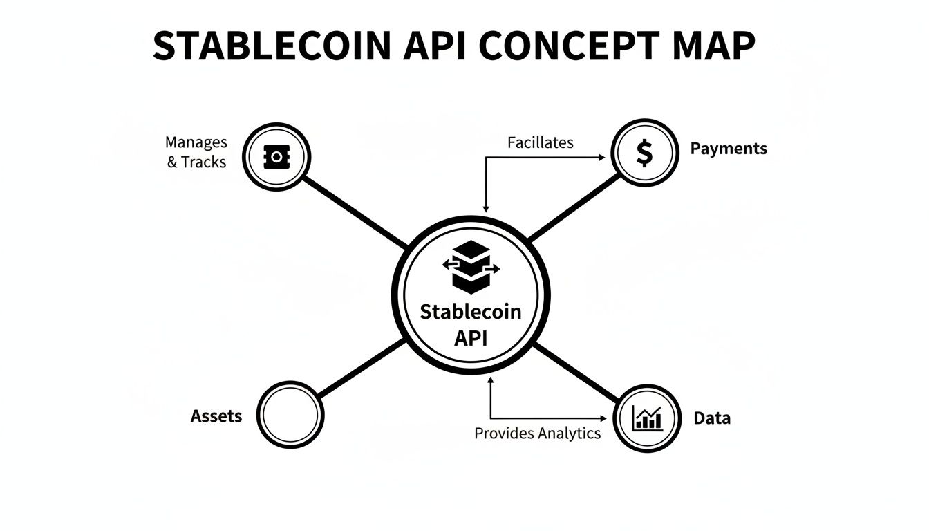 A concept map illustrates the Stablecoin API managing and tracking, facilitating payments, and providing analytics for assets.
