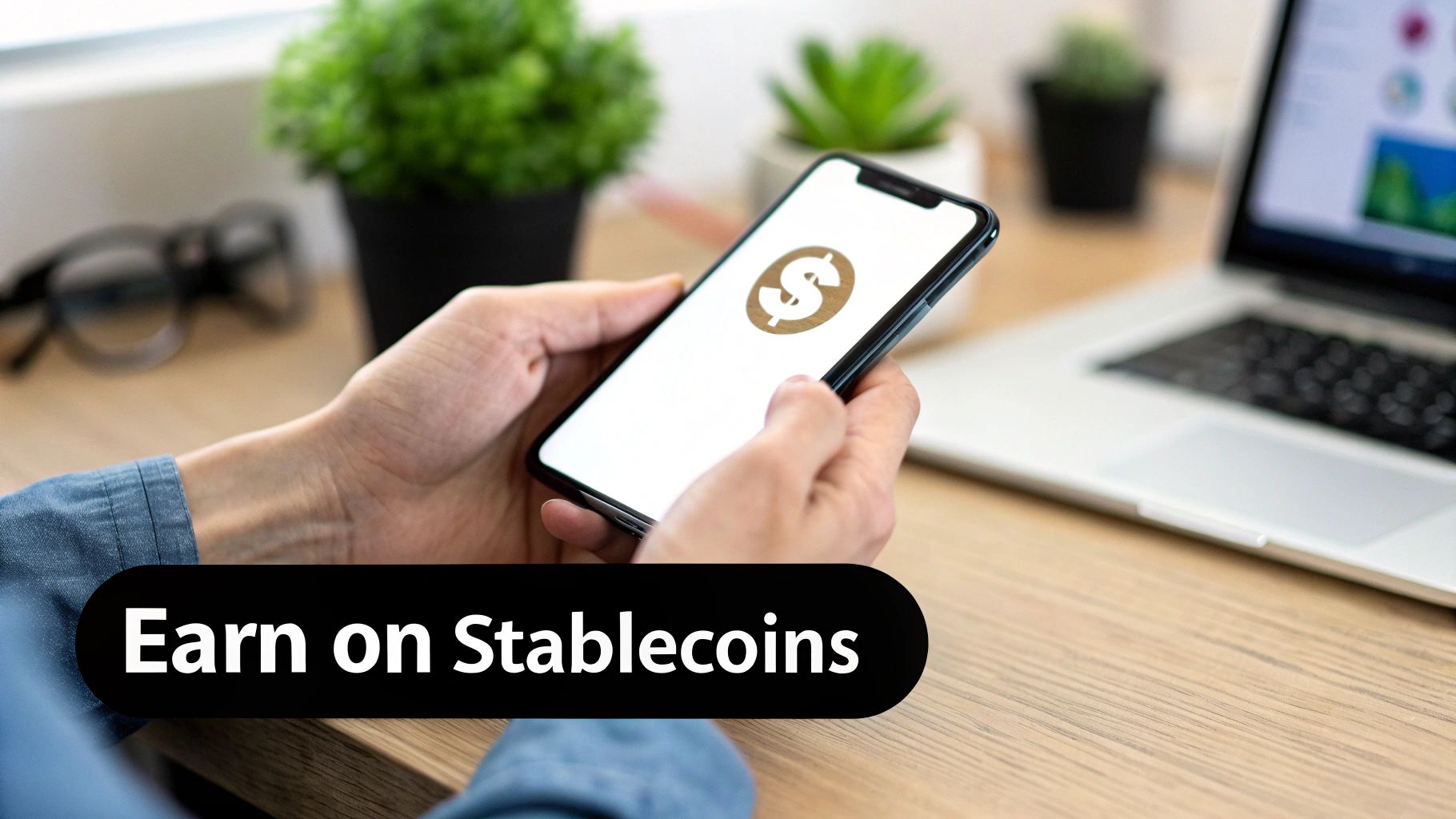 A person holds a smartphone displaying a dollar sign icon, with a laptop and plants in the background. Text overlay: Earn on Stablecoins.