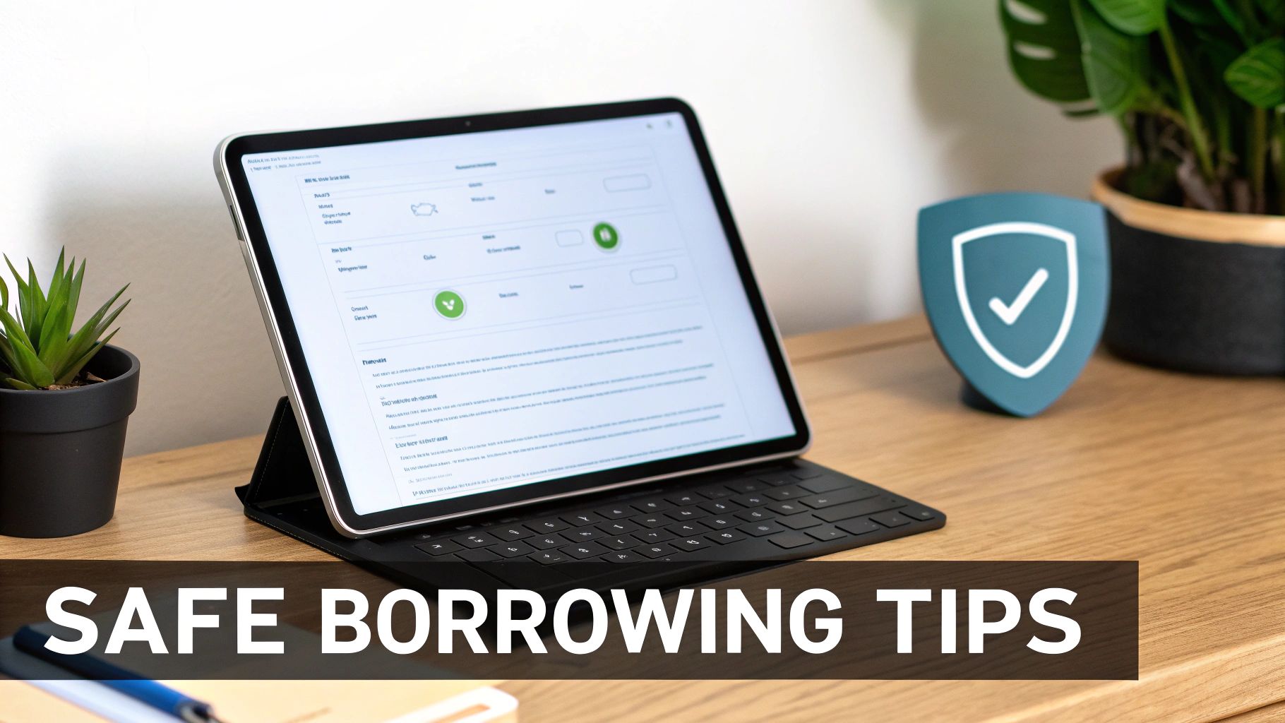 A tablet on a desk displaying a financial application, with a security shield and a plant, for safe borrowing.