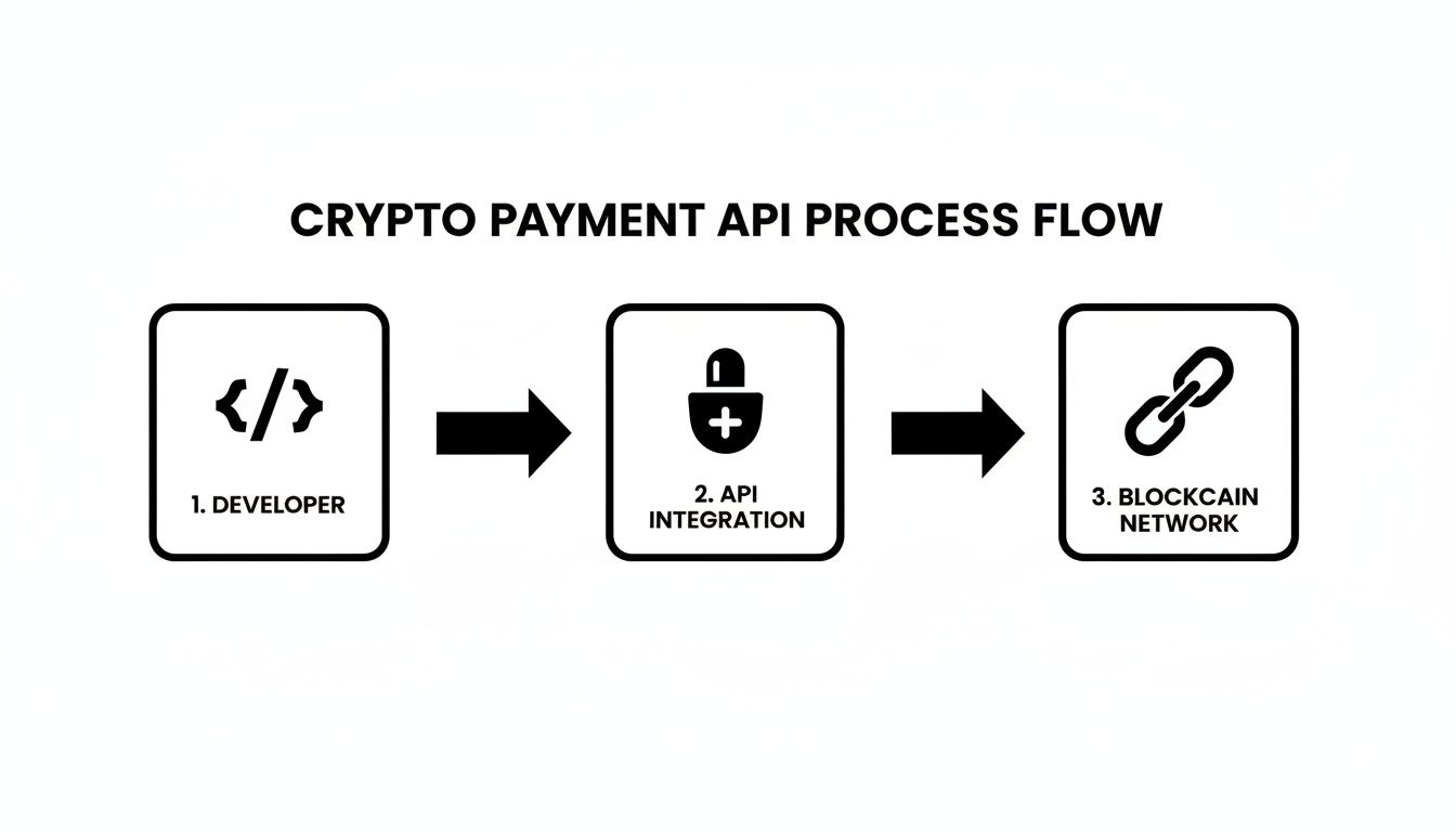 Flowchart showing the crypto payment API process from developer to API integration and blockchain network.