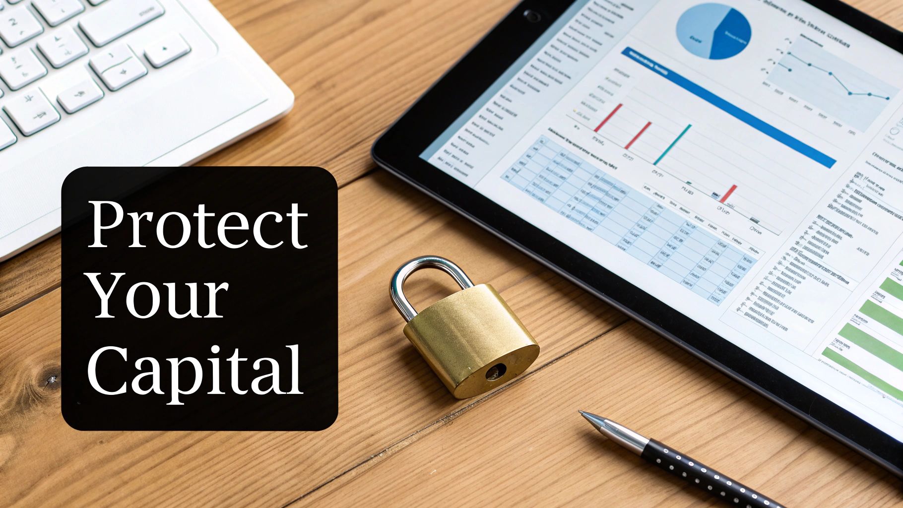 A desk with a laptop, tablet displaying financial data, a padlock, and text 'Protect Your Capital'.