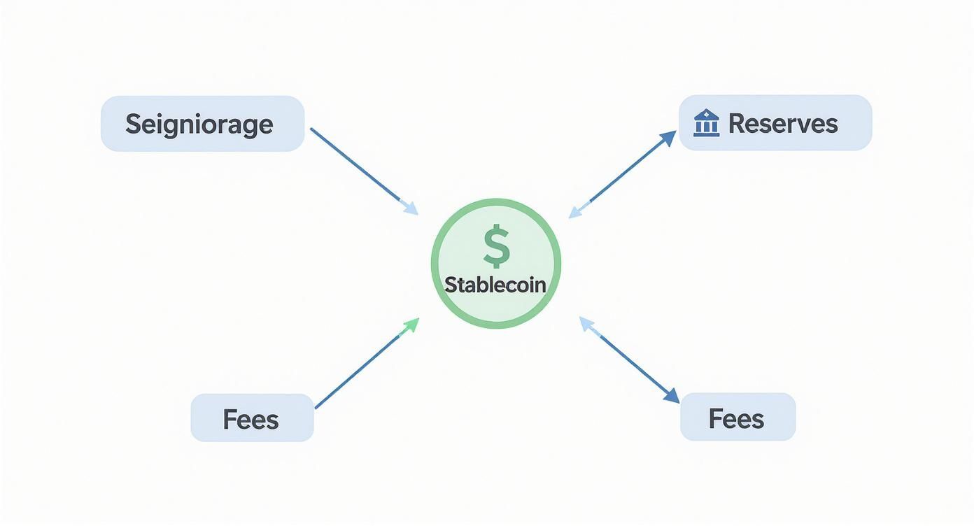 A diagram illustrating the revenue generation and reserve management for a stablecoin.