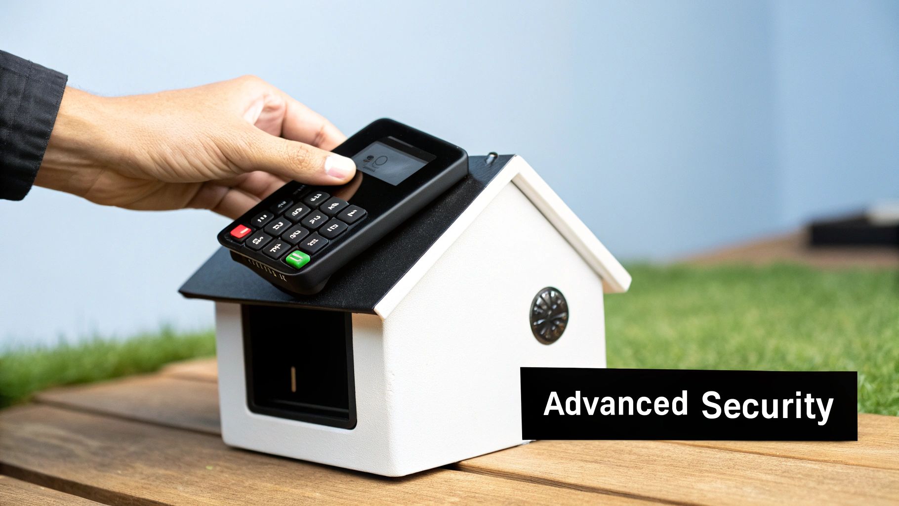 A hand places a digital security device with a screen onto a miniature white house, symbolizing advanced home security.