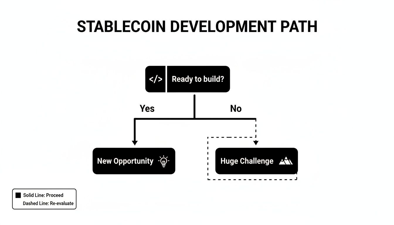 A stablecoin development path flowchart with decisions for 'Ready to build?', leading to 'New Opportunity' or 'Huge Challenge'.