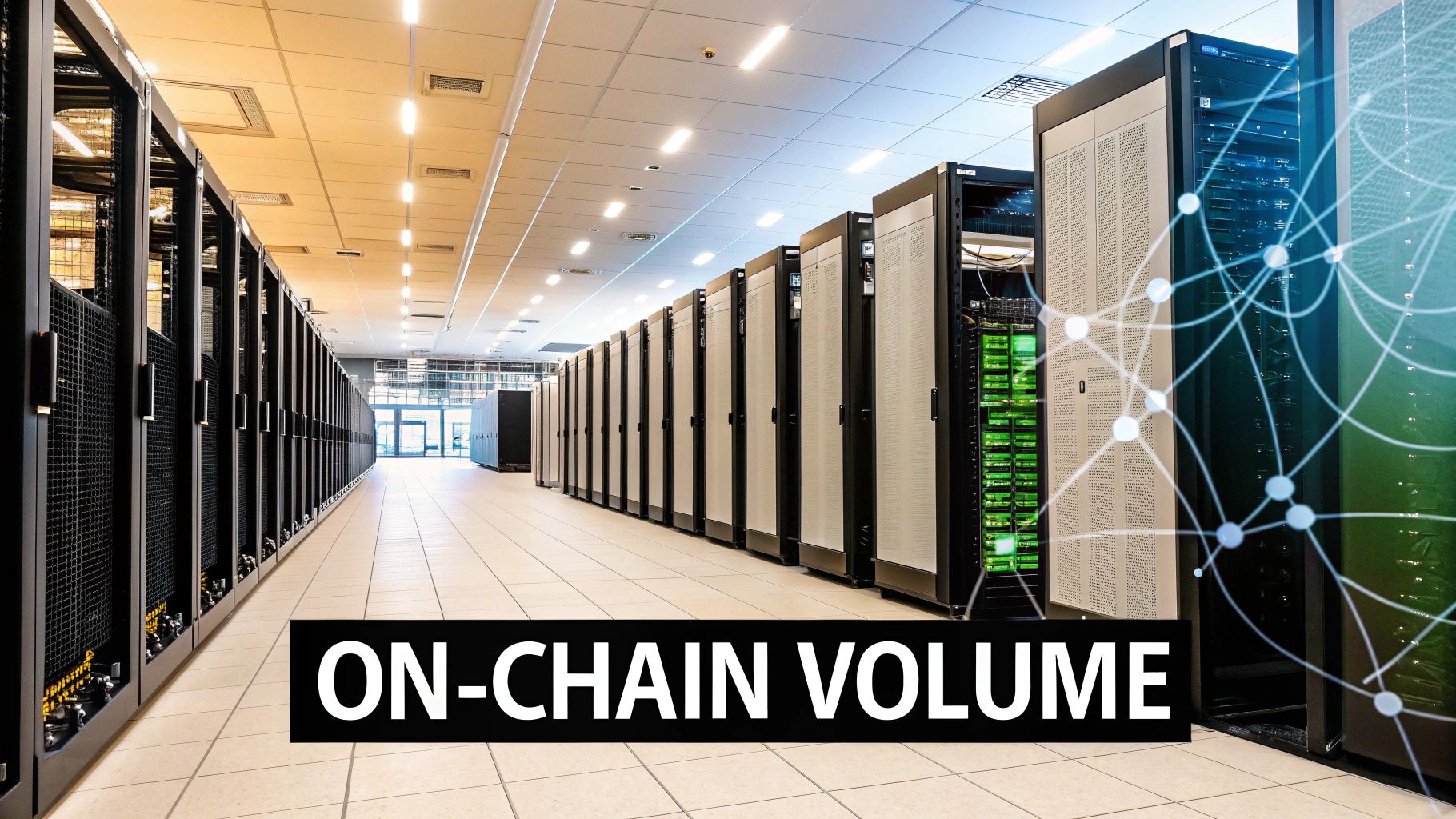 A long data center aisle with rows of server racks, some glowing green, overlaid with a network graphic and 'ON-CHAIN VOLUME' text.