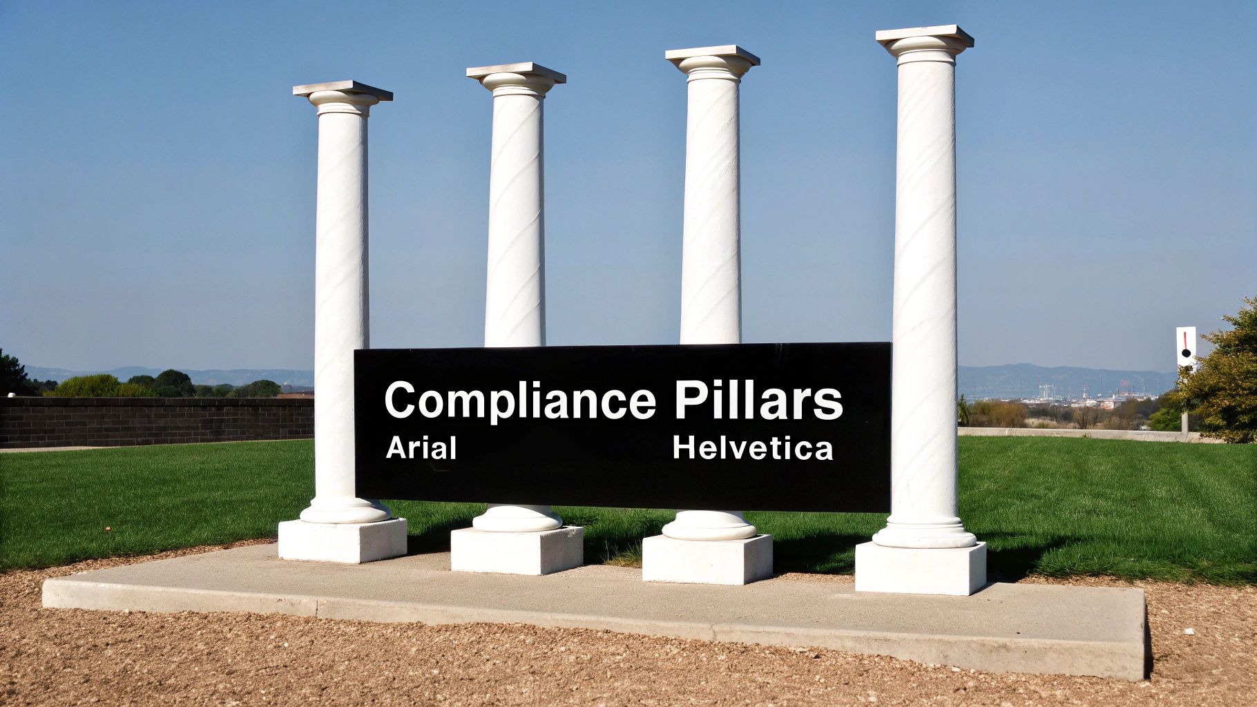 Four white classical pillars with a black sign displaying 'Compliance Pillars', 'Arial', and 'Helvetica' against a blue sky.