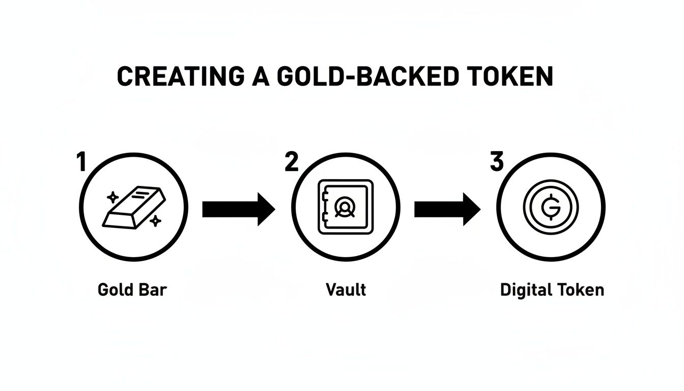 A diagram illustrating the process of creating a gold-backed digital token from a physical gold bar stored in a vault.